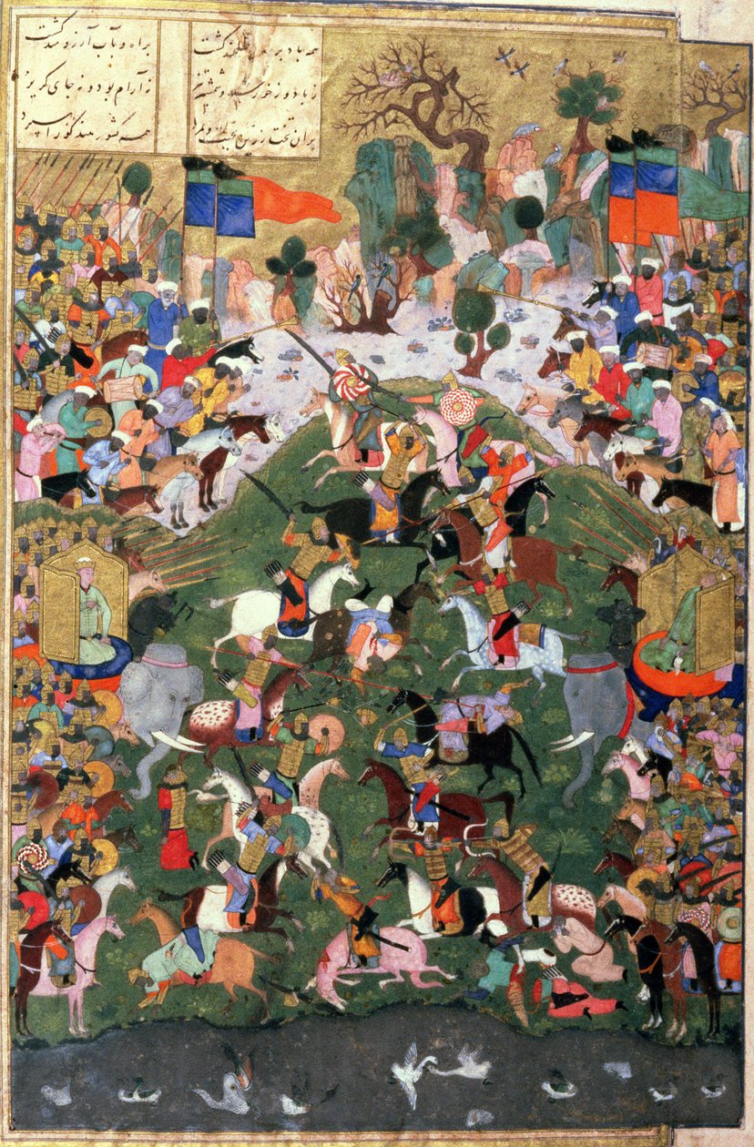 De Oorsprong van Schaken: Slag tussen Gaw en Talhand, illustratie uit de Shahnama (Boek der Koningen) door Abul-Qasim Manur Firdawsi, ca. 1440-45 door Persian School