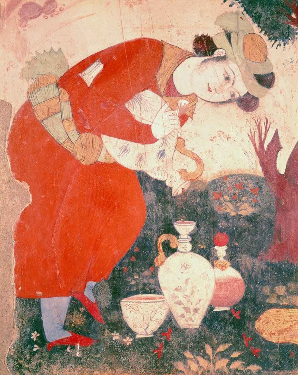 Vrouw schenkt wijn in de hof van Shah Abbas I, 1585-1627 (detail) door Persian School