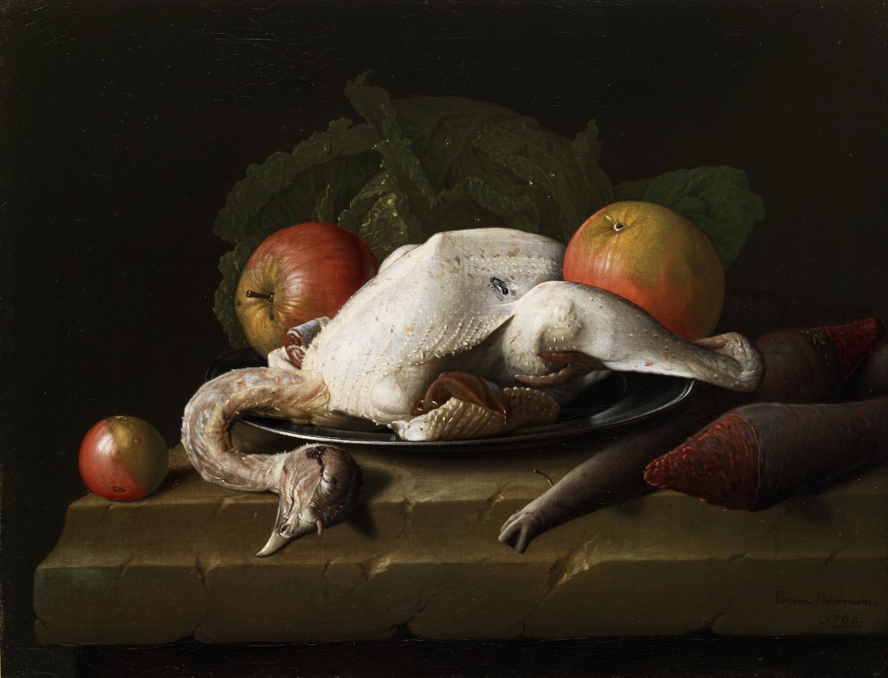 Stilleven met geplukte kip, appels en rapen door Peter Jacob Horemans