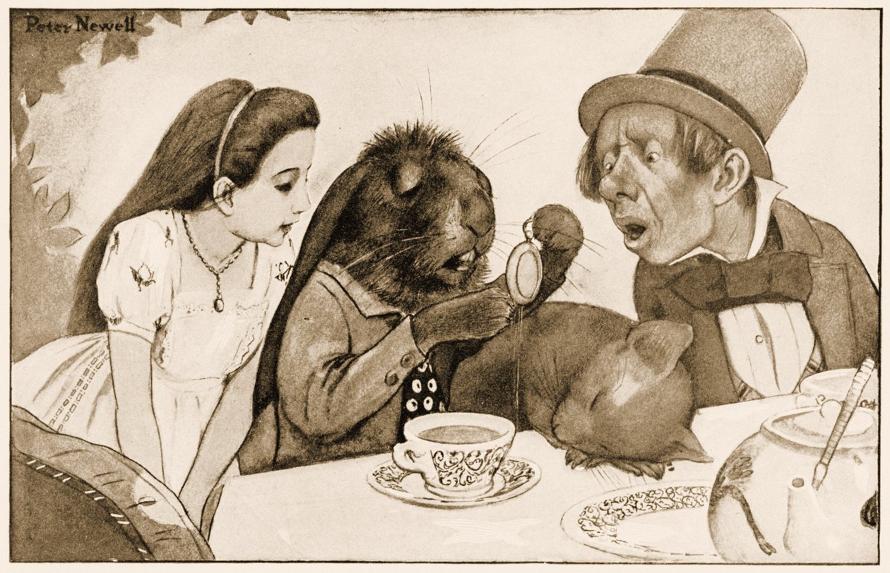 "Hij doopte het in zijn kopje thee en keek er weer naar", illustratie voor Lewis Carroll