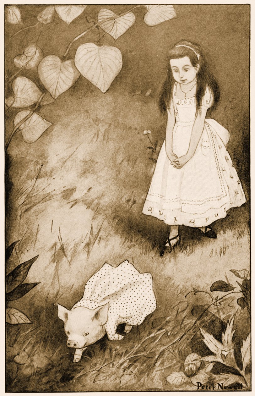 "Dus zette ze het kleine schepsel neer", illustratie voor Lewis Carroll