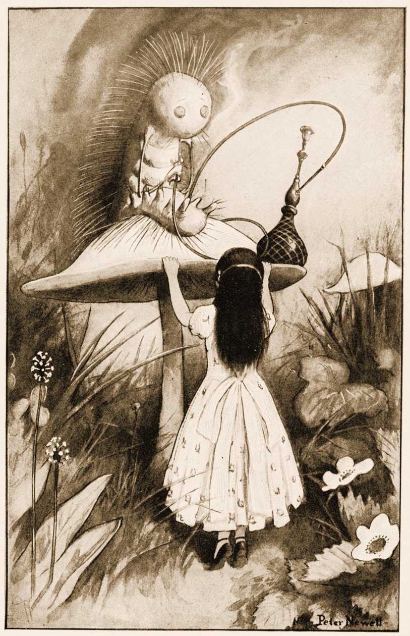 De Rups en Alice keken elkaar aan, illustratie voor Lewis Carrolls Alice