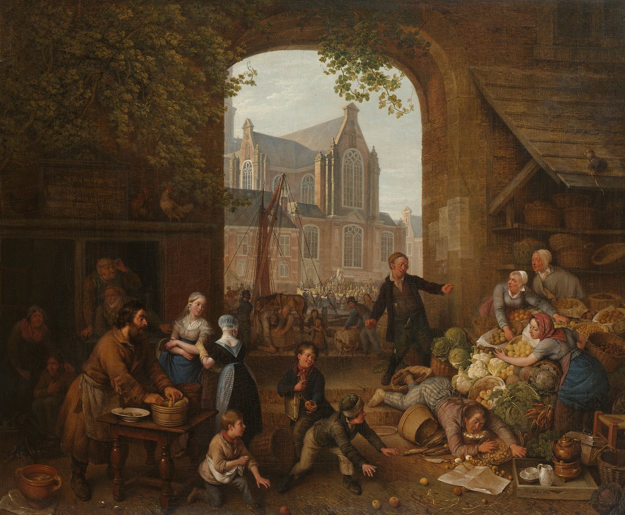 Twee dronkaards op de markt bij de Westerkerk te Amsterdam door Peter Paul Joseph Noël