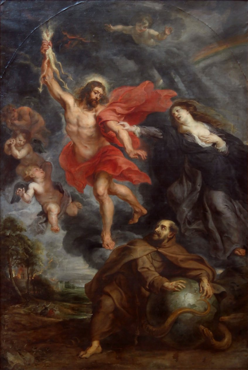 De tussenkomst van de Maagd en Sint Franciscus die de goddelijke bliksemschichten tegenhouden door Peter Paul Rubens