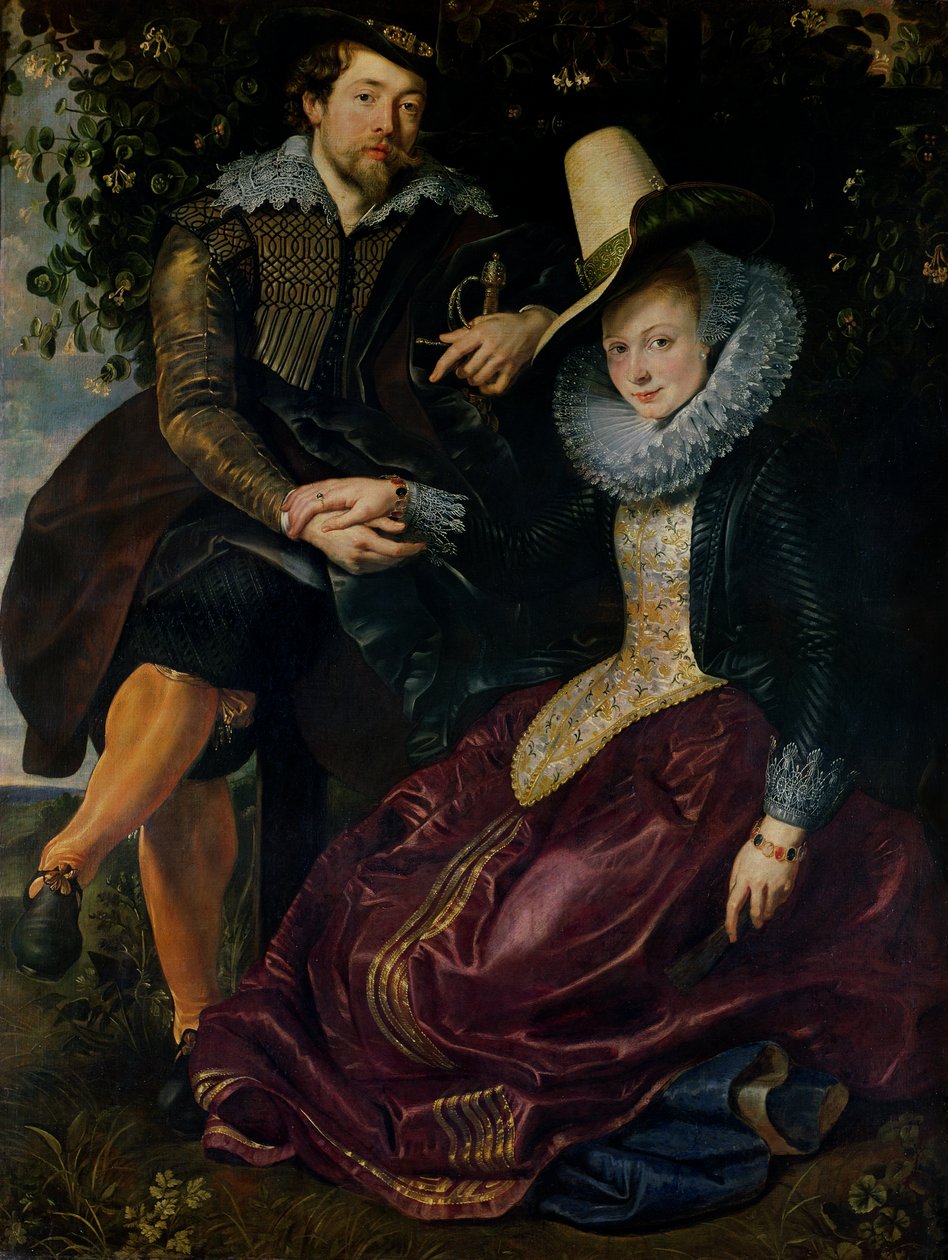 Zelfportret met Isabella Brandt, zijn eerste vrouw, in de kamperfoeliebos, ca. 1609 door Peter Paul Rubens