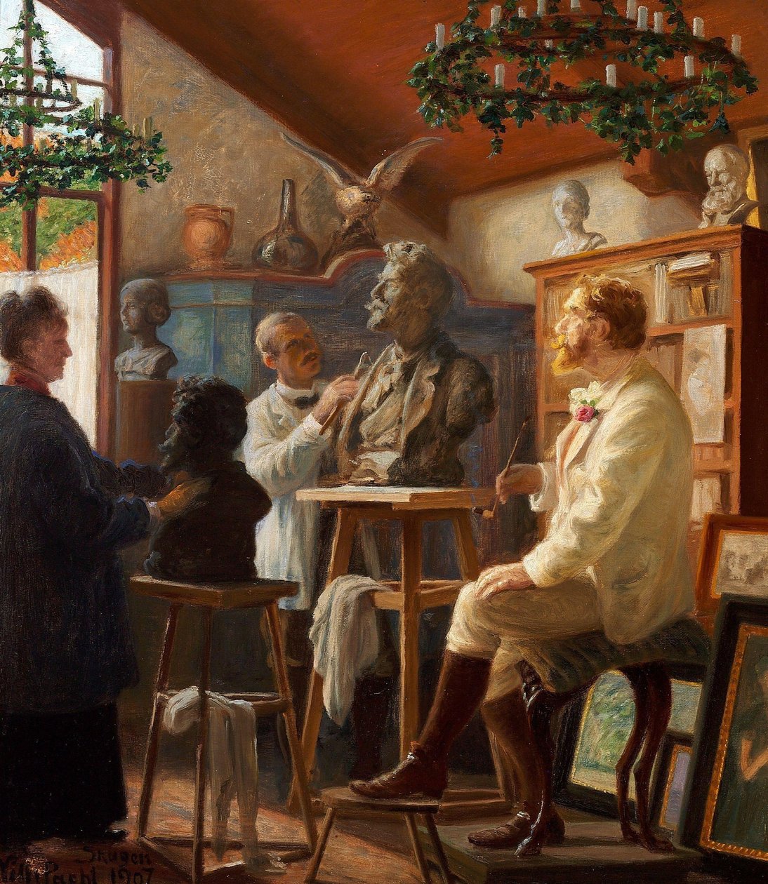 De schilder Krøyer gemodelleerd in zijn atelier in Skagen door Peder Severin Krøyer
