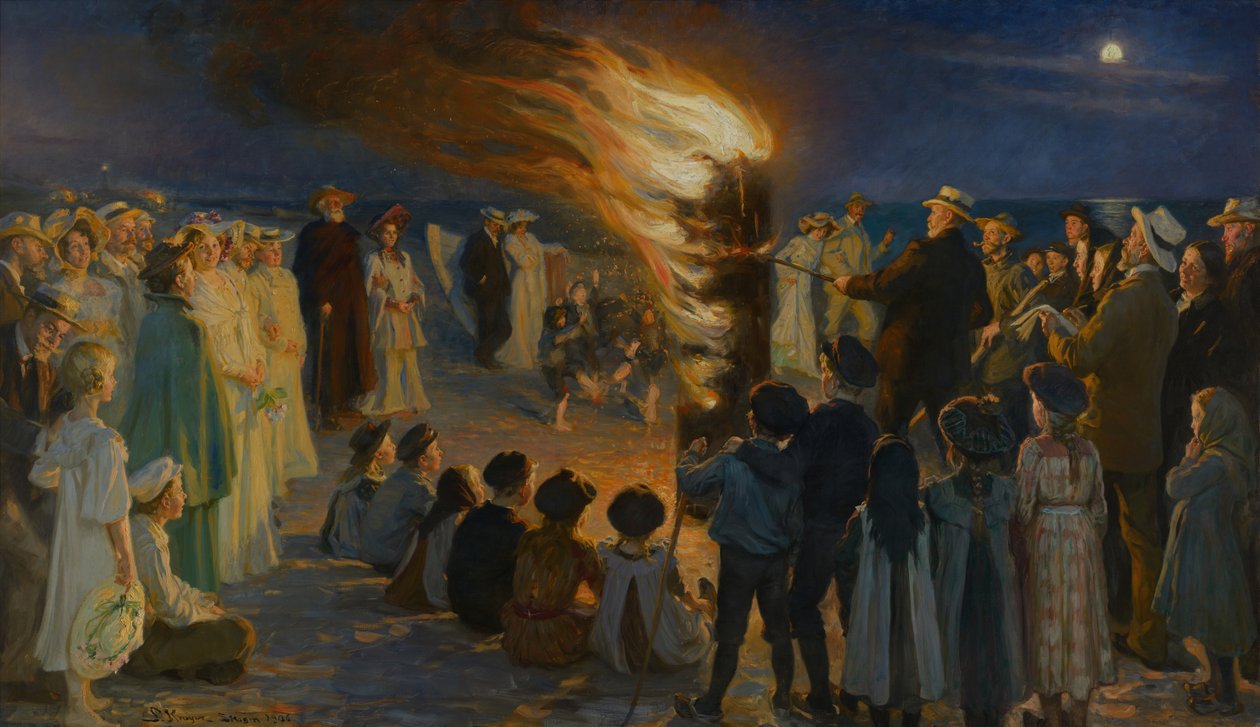 Midzomeravond vreugdevuur op het strand van Skagen door Peder Severin Krøyer