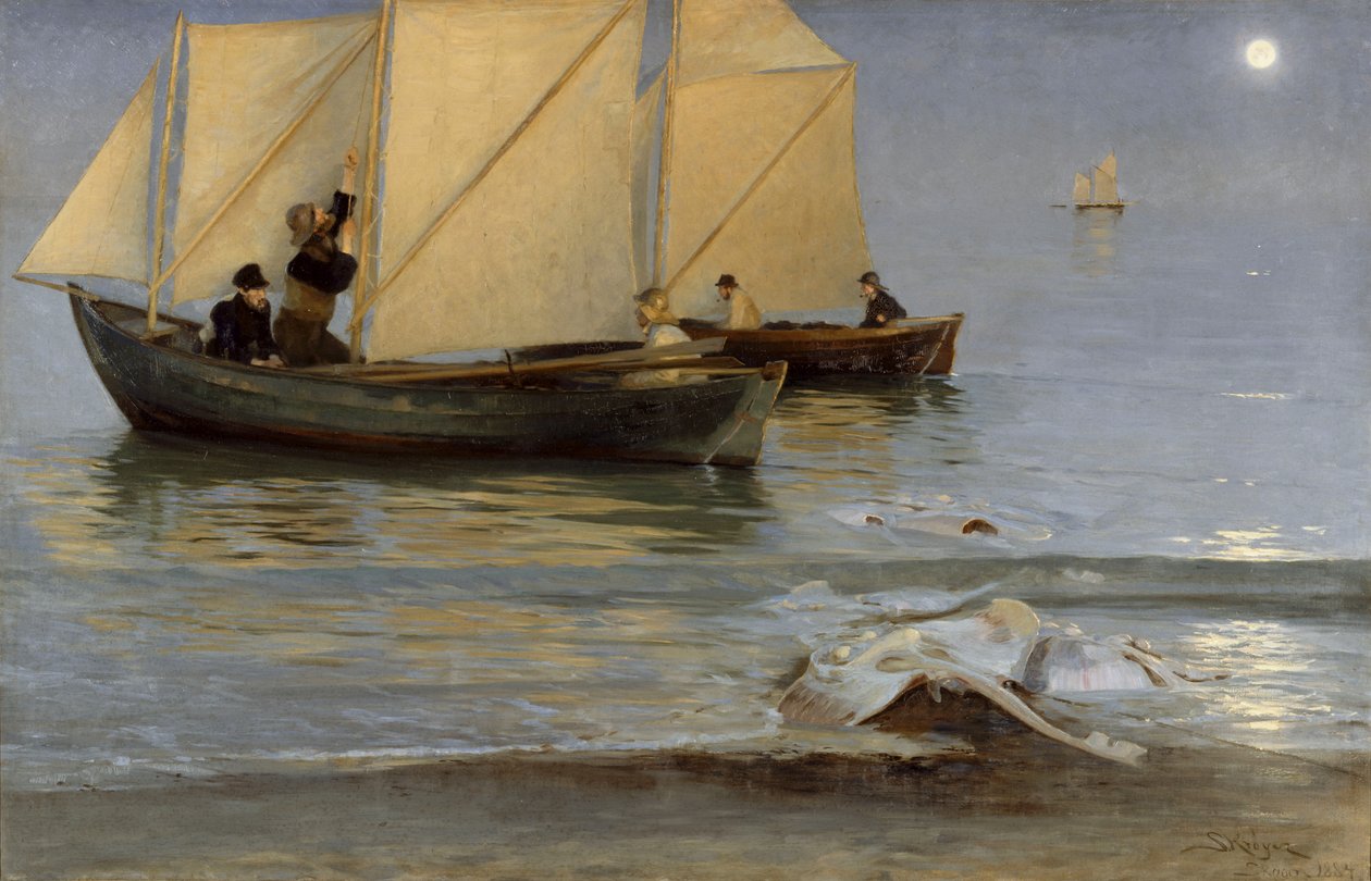 Skagboere gaan uit voor nachtvisserij. Late zomeravond. door Peder Severin Krøyer
