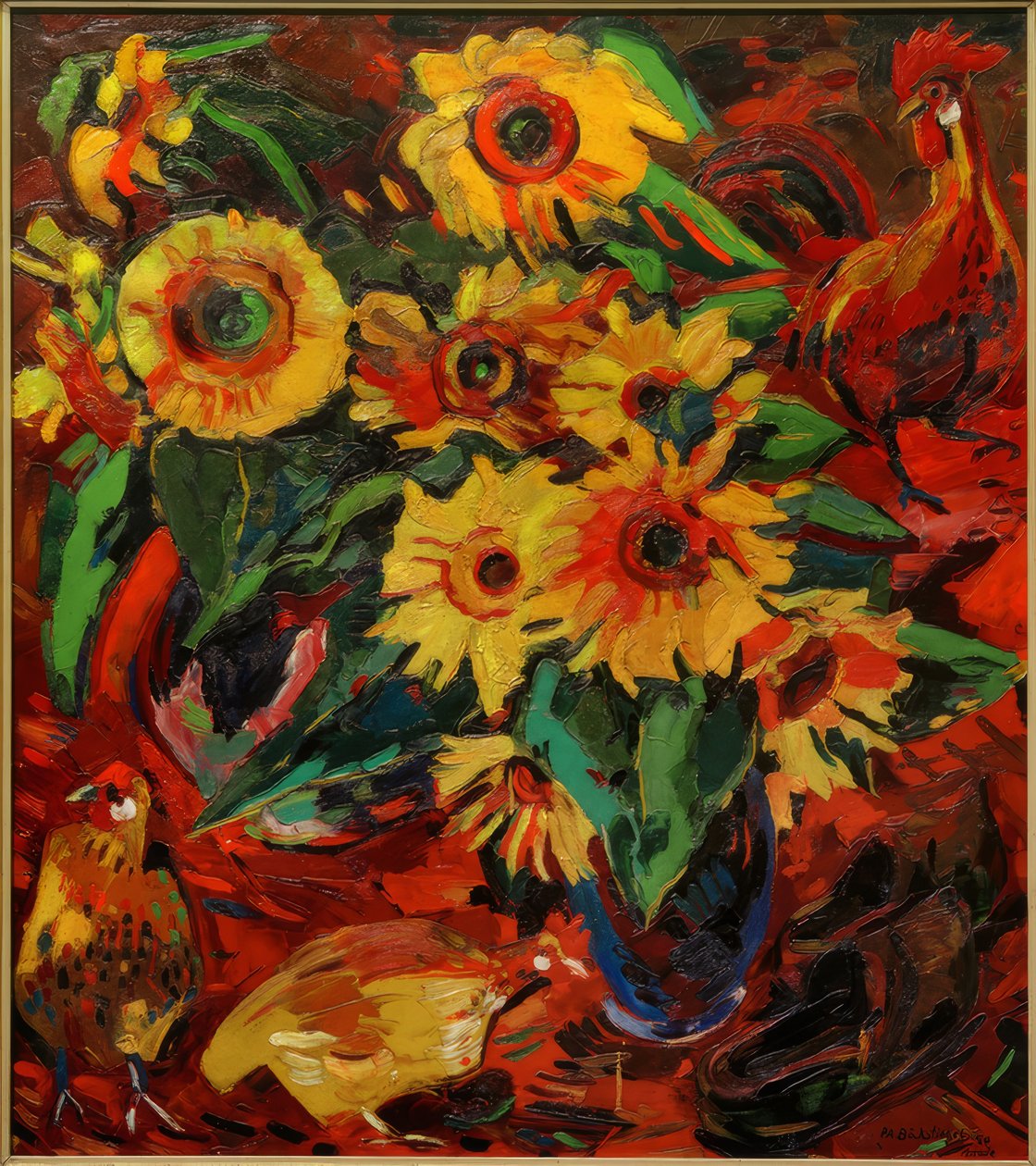 Stilleven met zonnebloemen en kippen door Peter August Böckstiegel