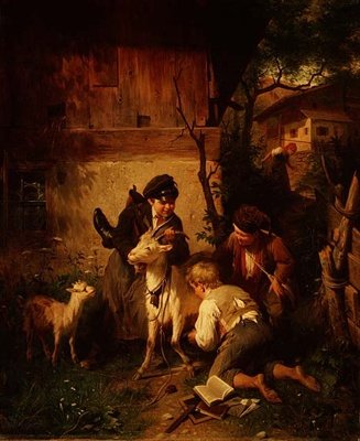 Jongens die met een geit spelen door Peter Baumgartner