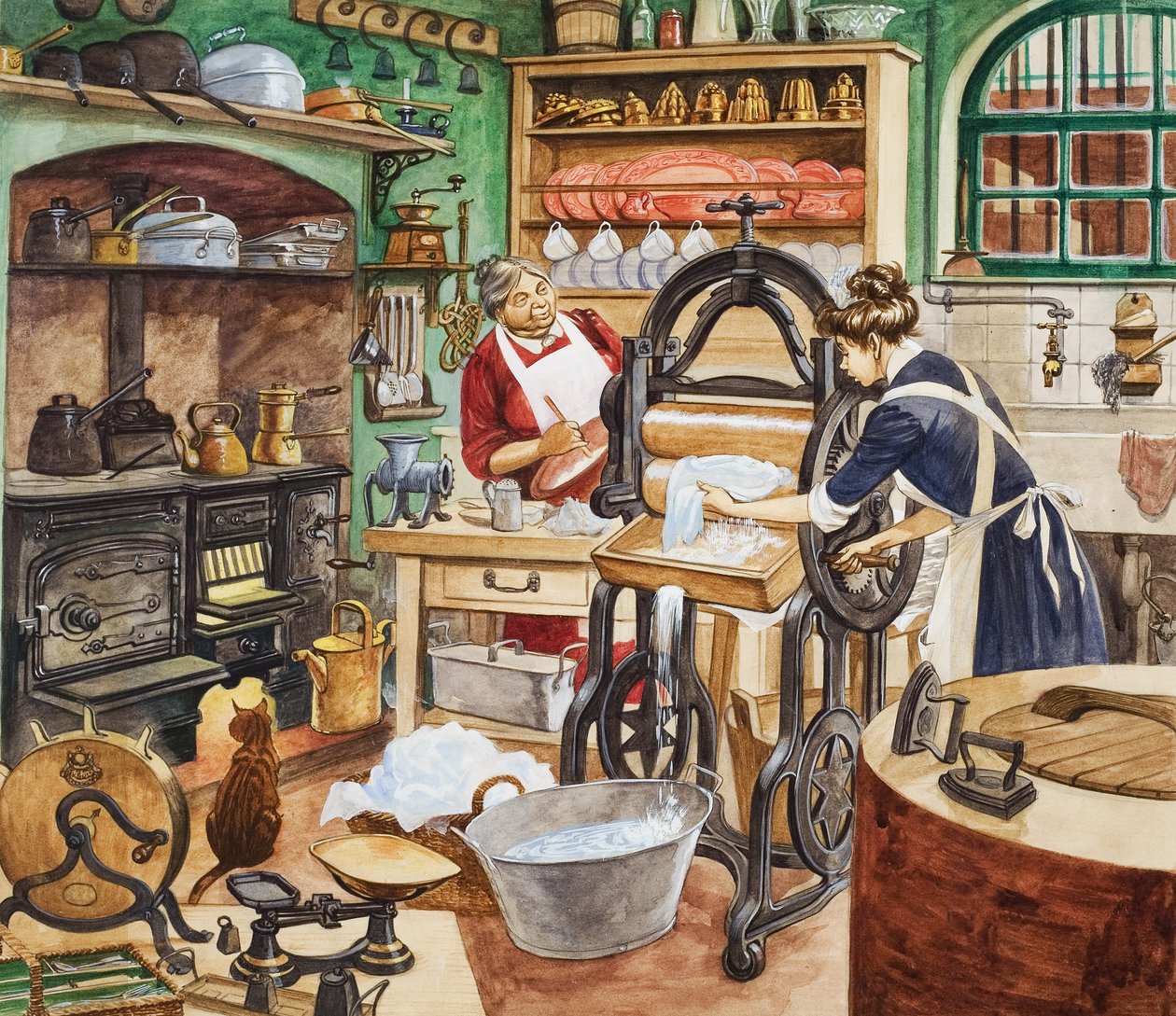 Negentiende-eeuwse keuken (gouache op papier) door Peter Jackson