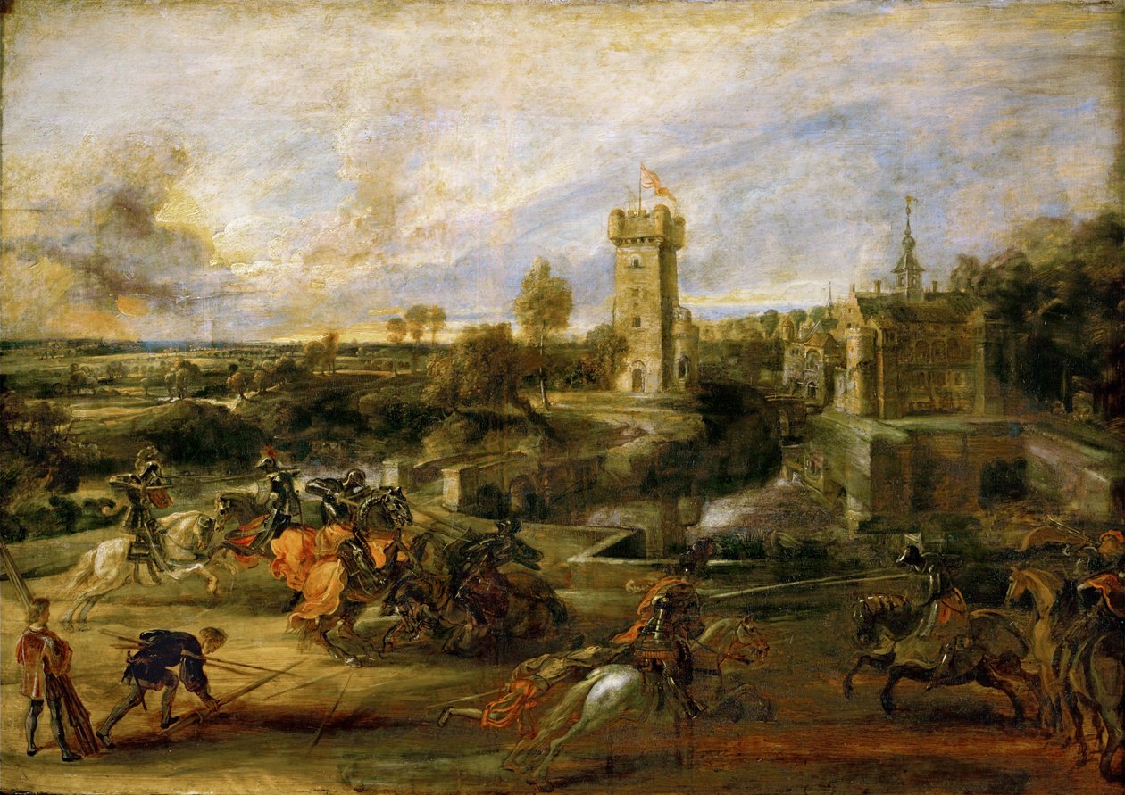 Het toernooi (olieverf op hout) door Peter Paul Rubens