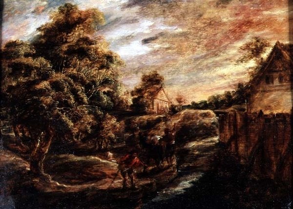 Boslandschap bij zonsondergang door Peter Paul Rubens