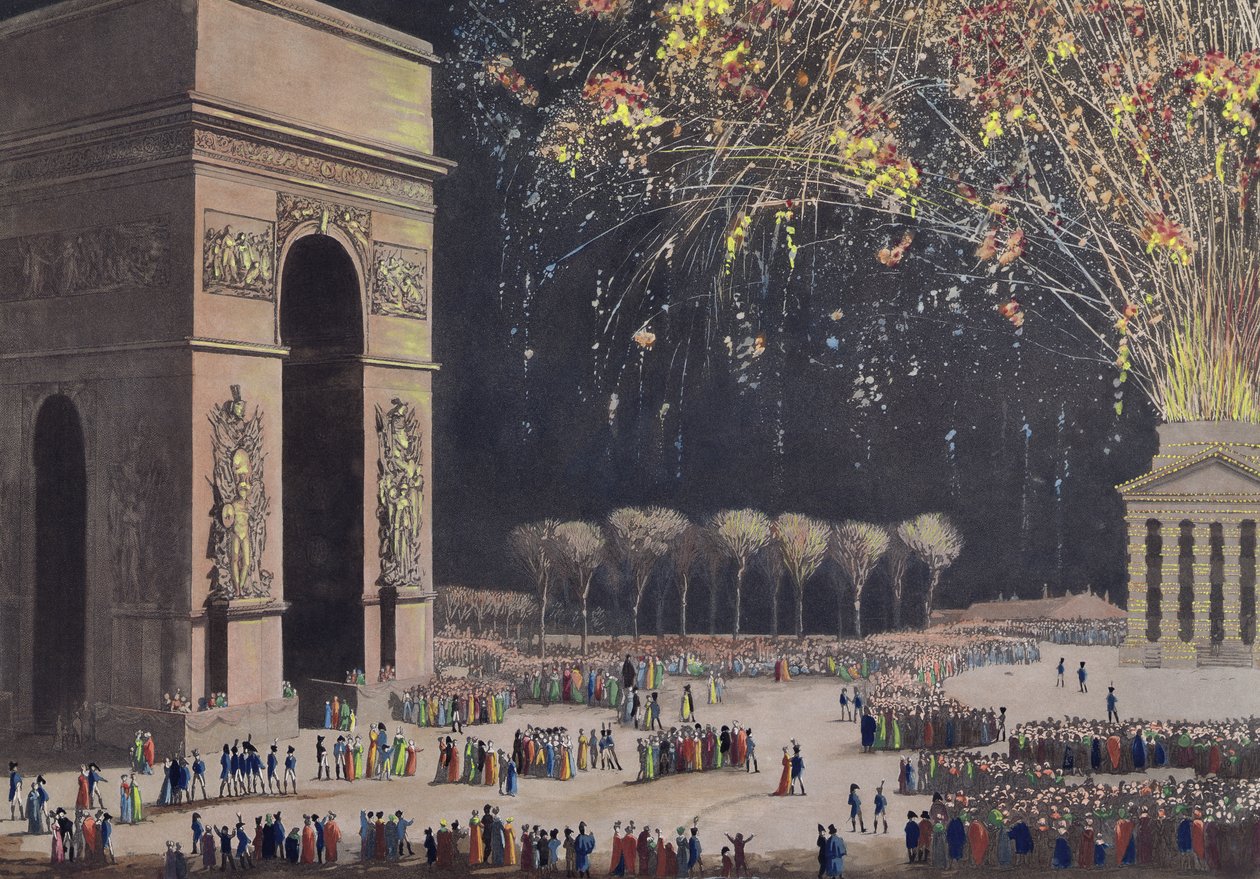 Uitzicht op de Arc de Triomphe met Vuurwerk, 1810 door Philibert Louis Debucourt