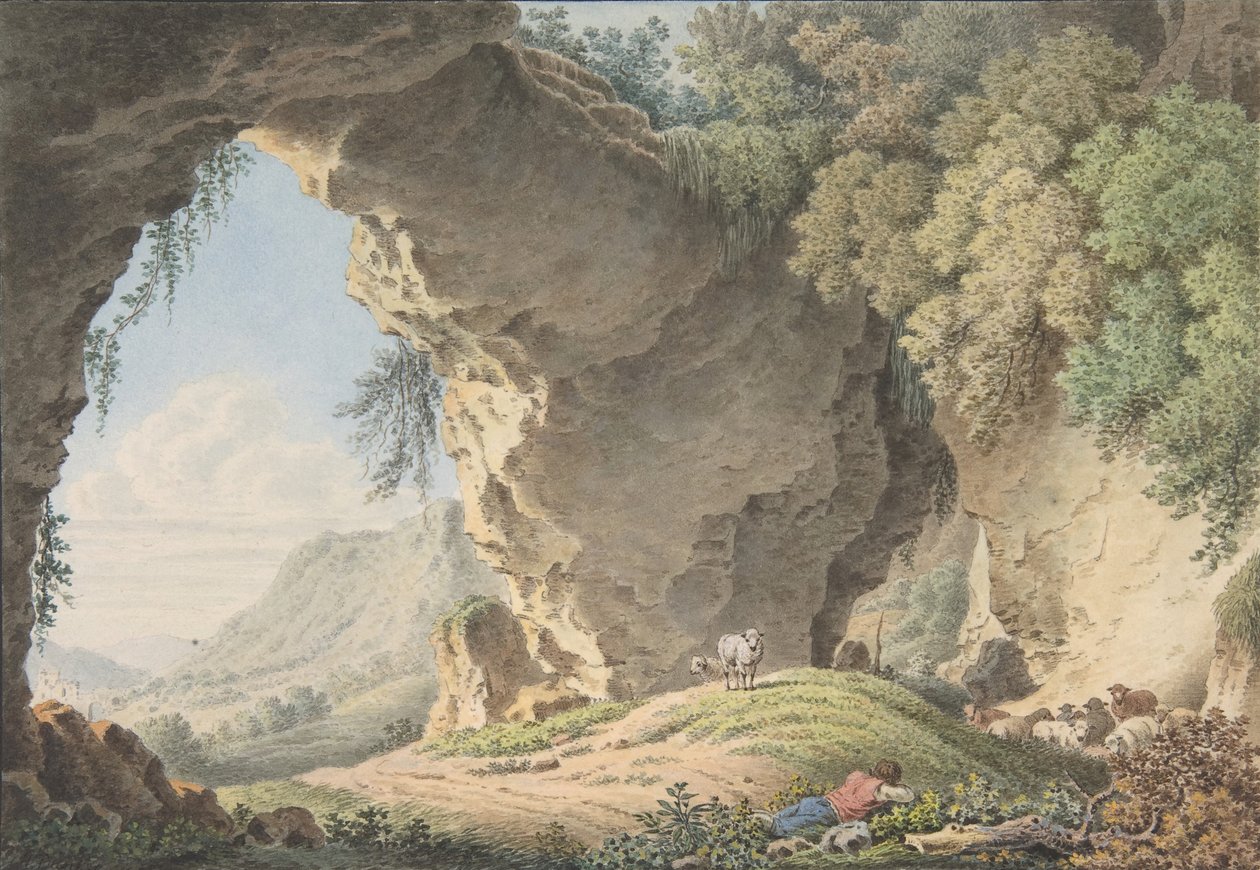 Rotsachtig landschap met slapende herder door Philip Heinrich Dunker