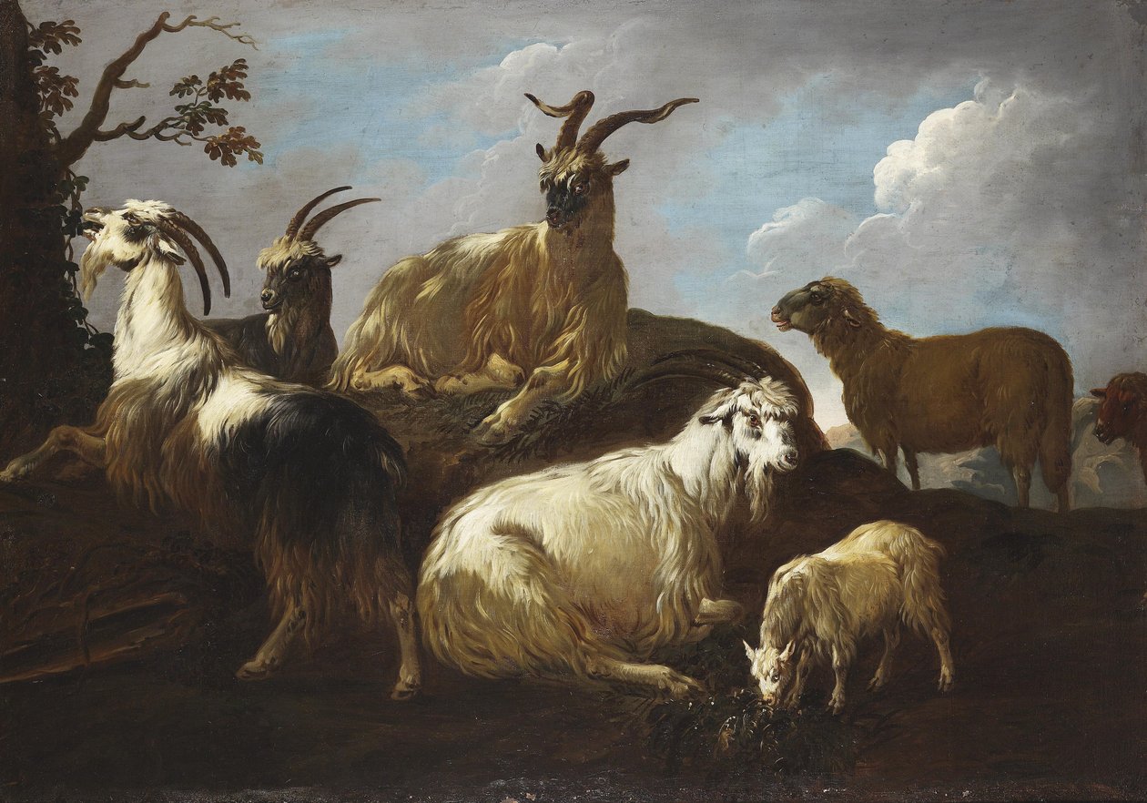 Geiten en schapen in een landschap door Philipp Peter Roos