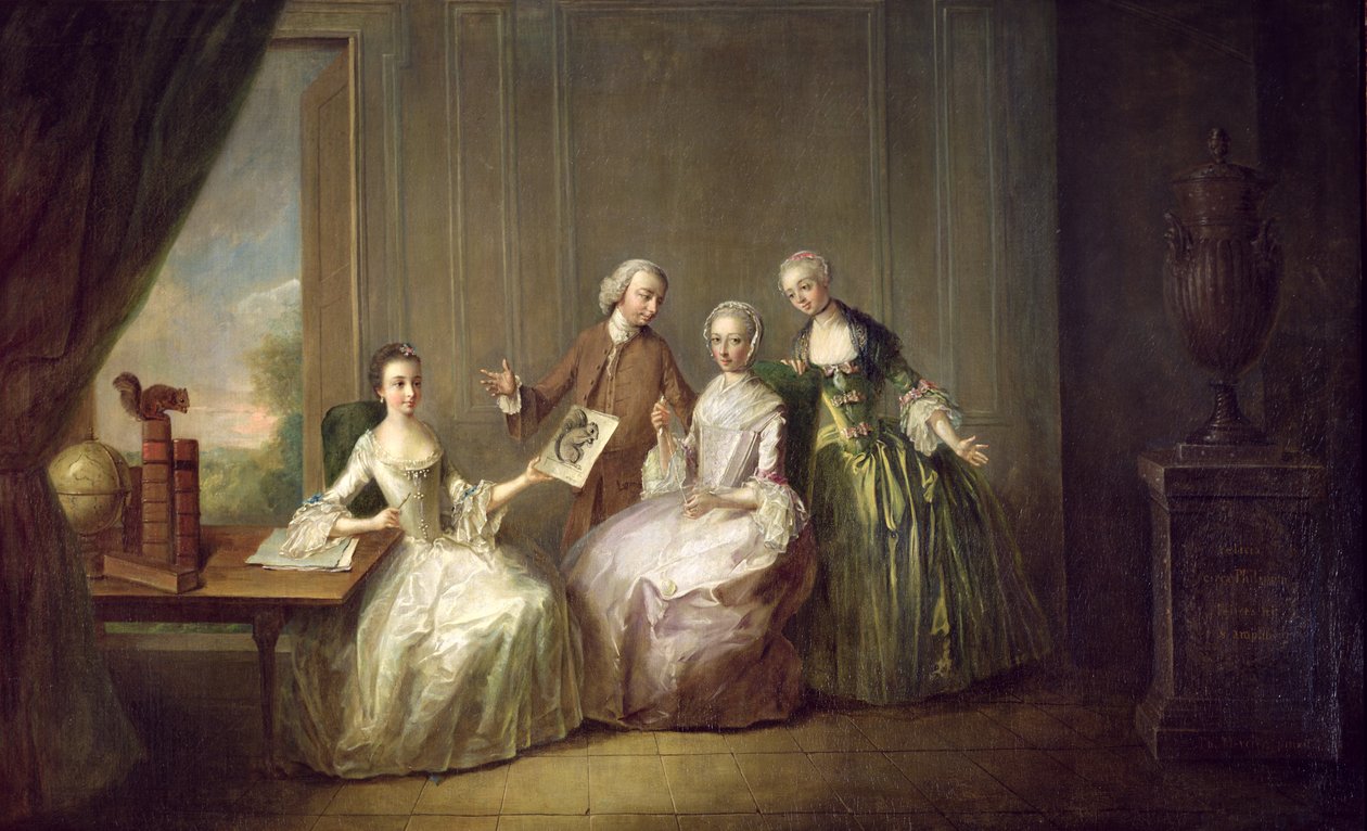 Familie in een interieur met eekhoorns, mogelijk de familie Burton uit Eltham, Kent, 1755-60 door Philippe Mercier