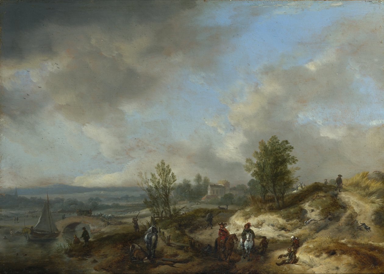 Een duinlandschap met een rivier en veel figuren door Philips Wouwerman