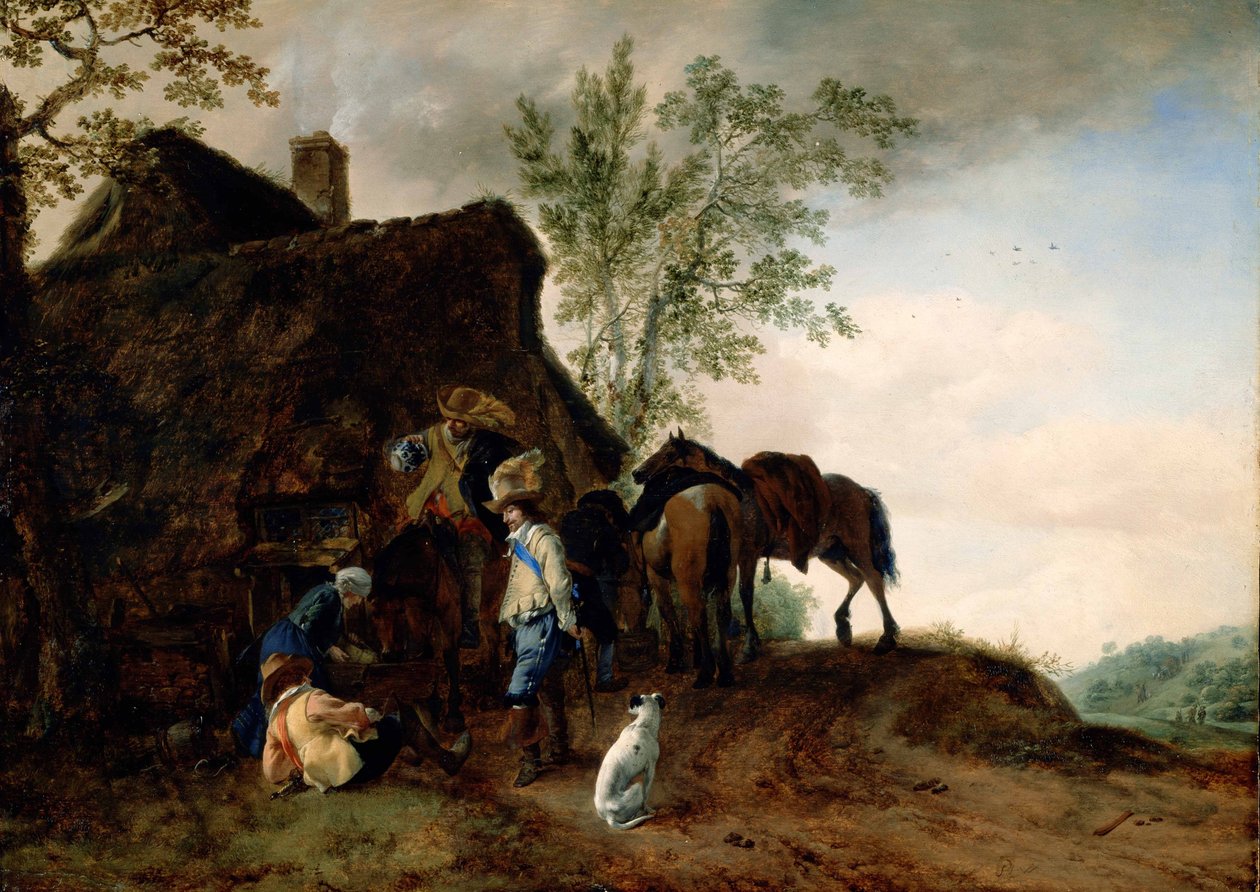 Rust van ruiters bij een herberg door Philips Wouwerman