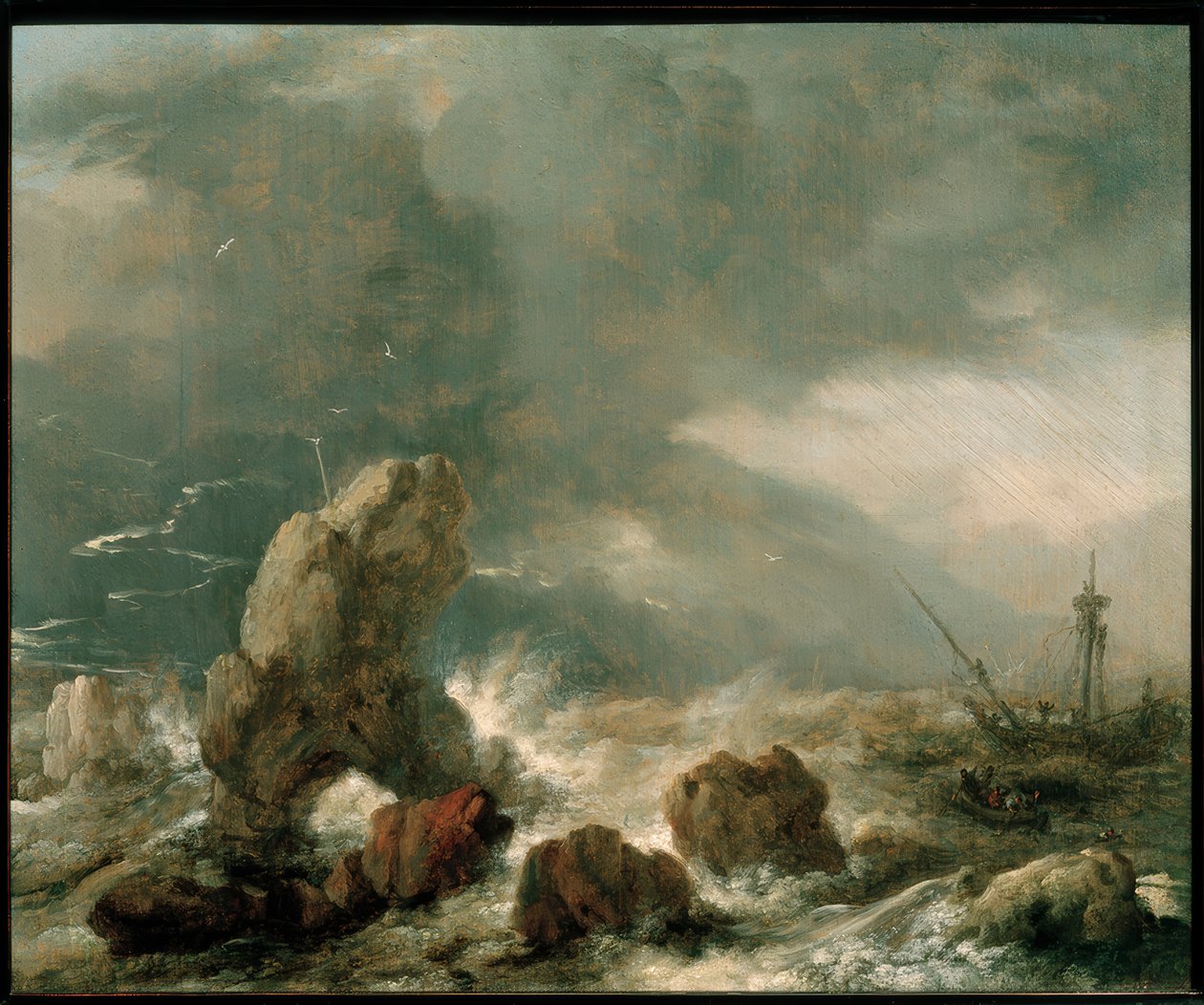 Stormachtige zee met drie schepen in nood door Philips Wouwerman