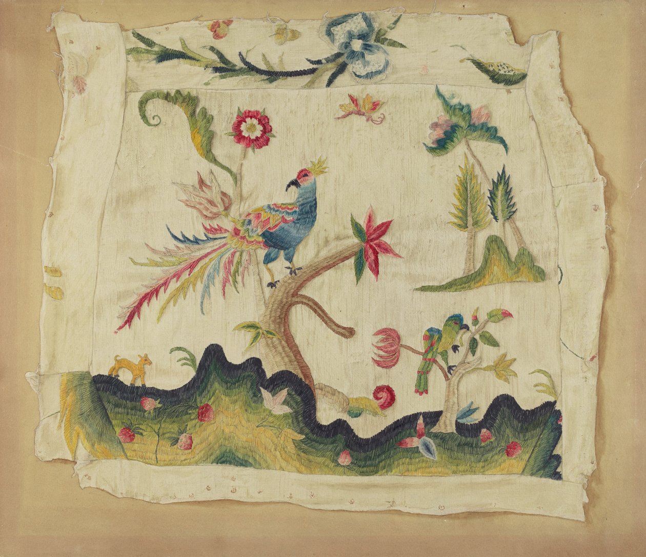 Crewel geborduurde stoelzitting, ca. 1936 door Phyllis Dorr