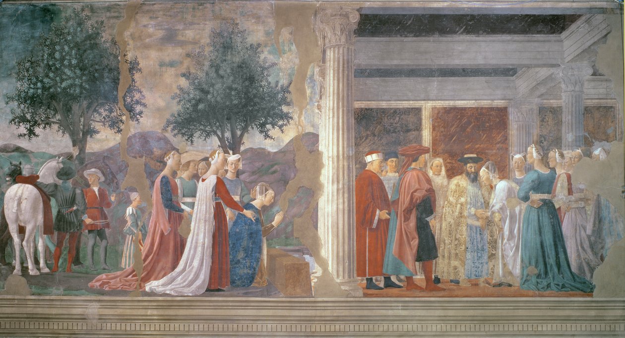 De koningin van Sheba aanbidt het hout van het ware kruis en de ontvangst van de koningin van Sheba door koning Salomo (c.1015-977) uit de Legende van het Ware Kruis-cyclus, voltooid 1464 door Piero della Francesca