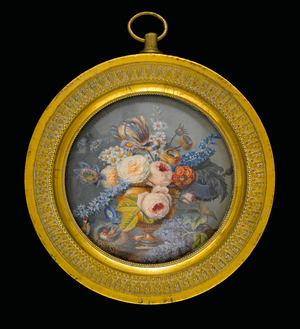 Gemengde Bloemen in een Terracotta Vaas, een Tak van Sering en Twee Vogels (een zittend op een nest) op een Marmeren Plaat door Pierre Antoine Poiteau