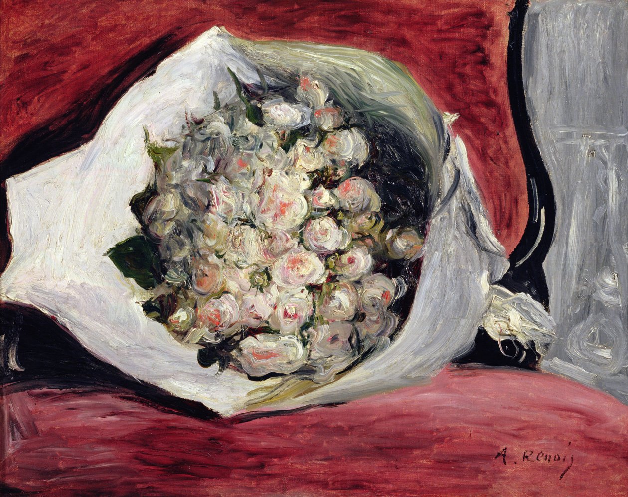 Boeket in een theaterdoos door Pierre Auguste Renoir
