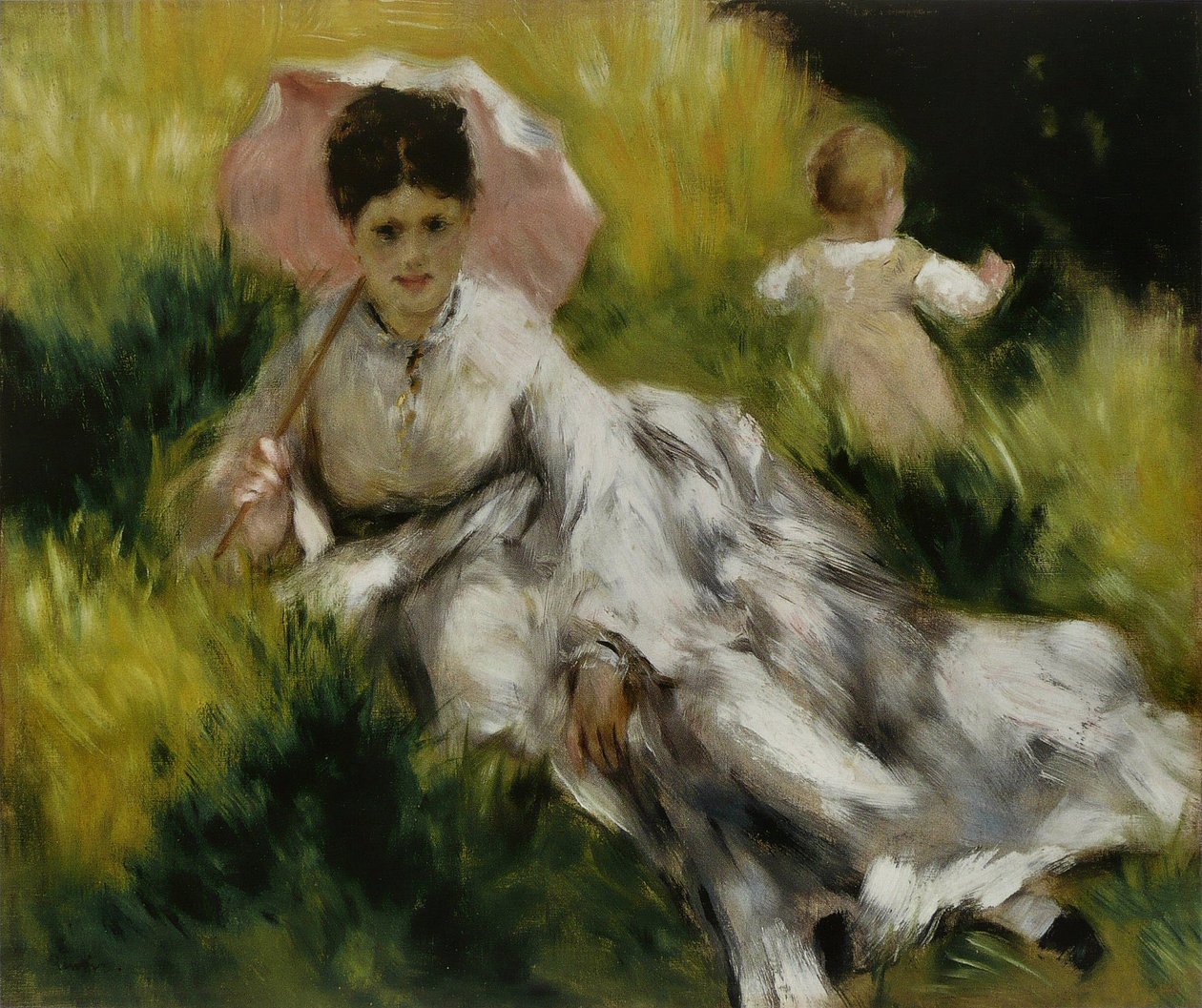 Vrouw met parasol en kind door Pierre Auguste Renoir