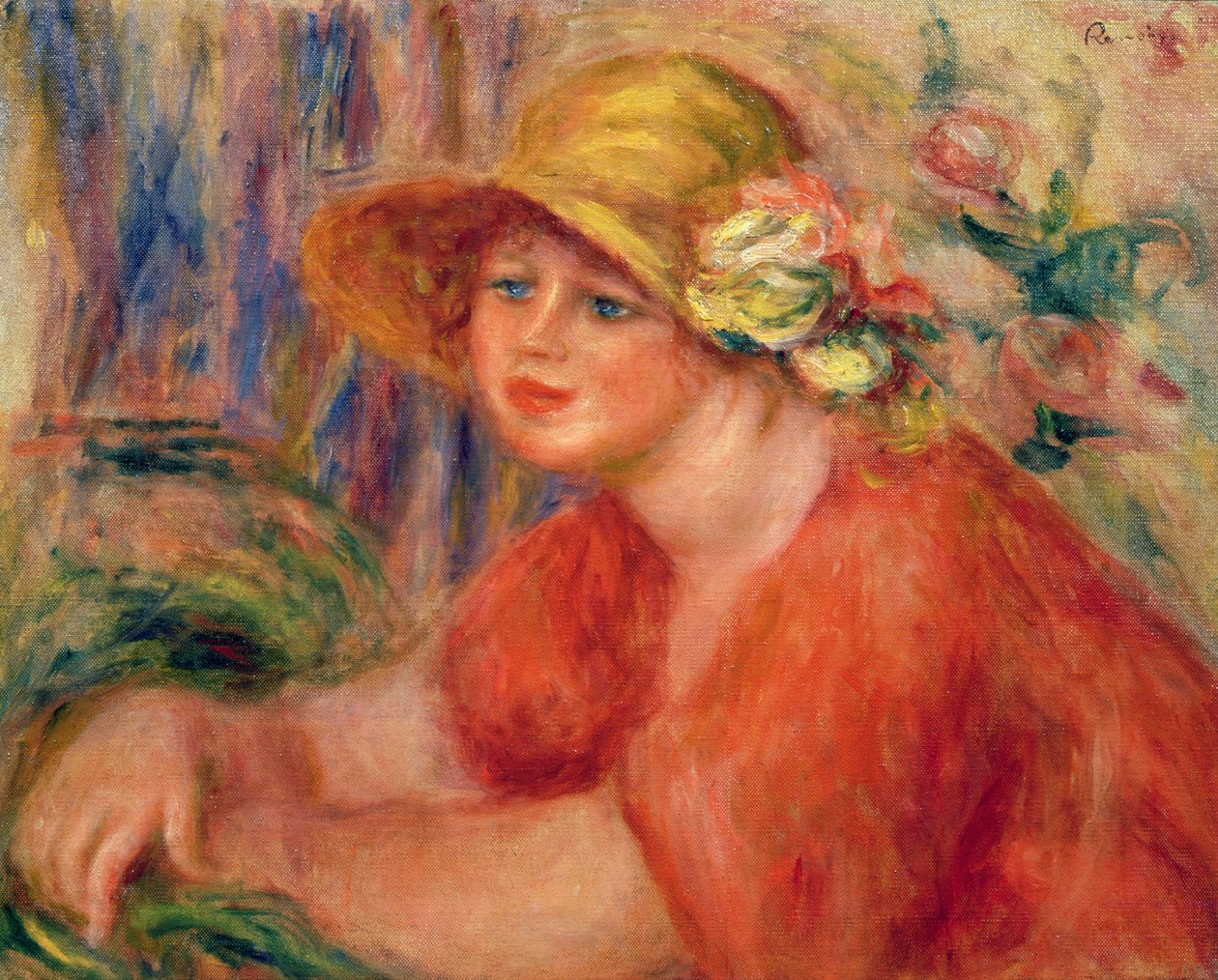 Portret van een vrouw met een hoed versierd met bloemen door Pierre Auguste Renoir