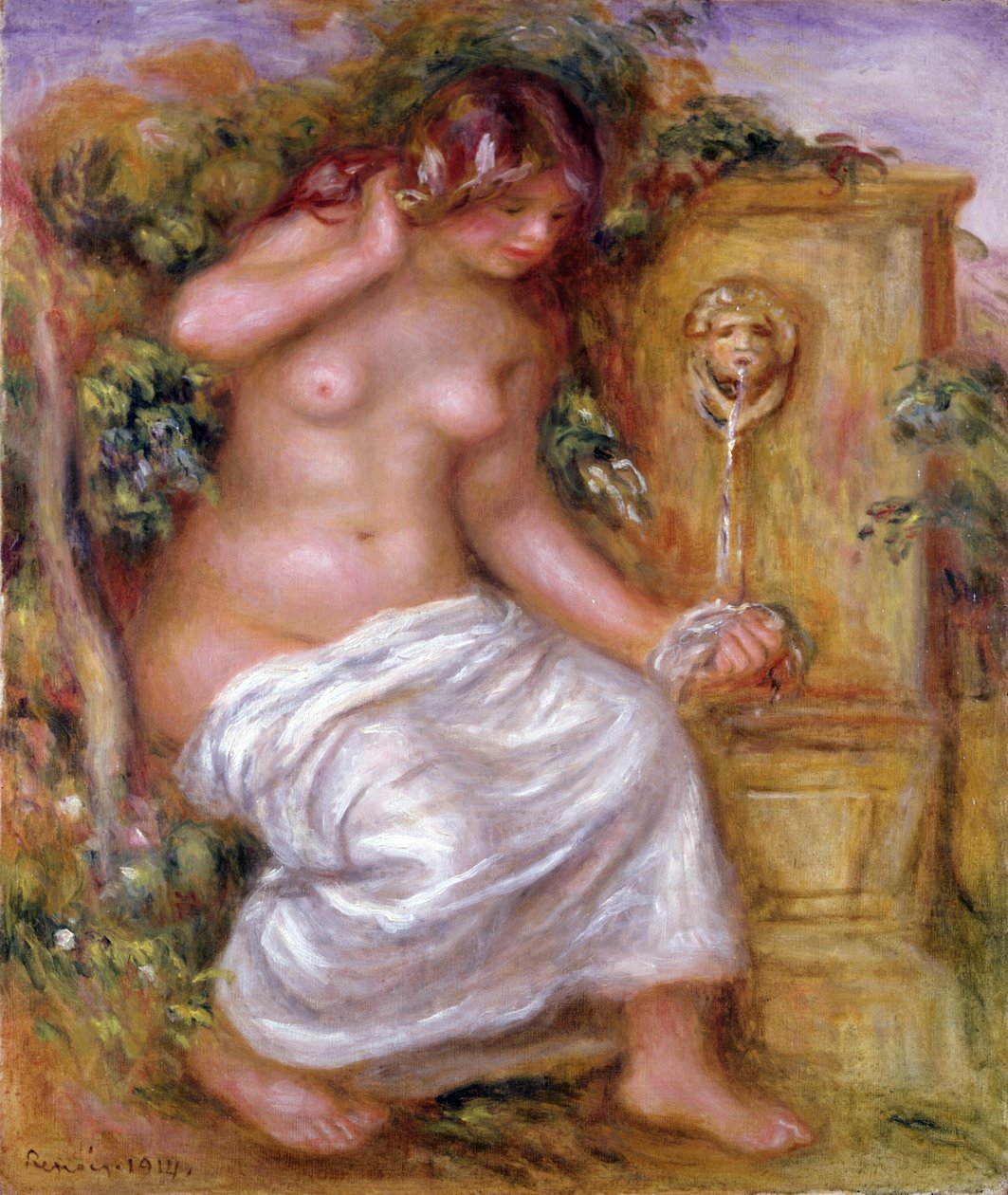 De badster bij de fontein, 1914 door Pierre Auguste Renoir