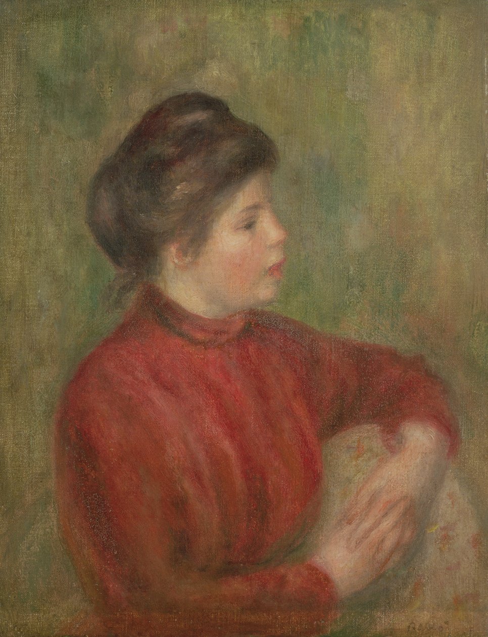 Vrouw leunend met handen op stoel door Pierre Auguste Renoir