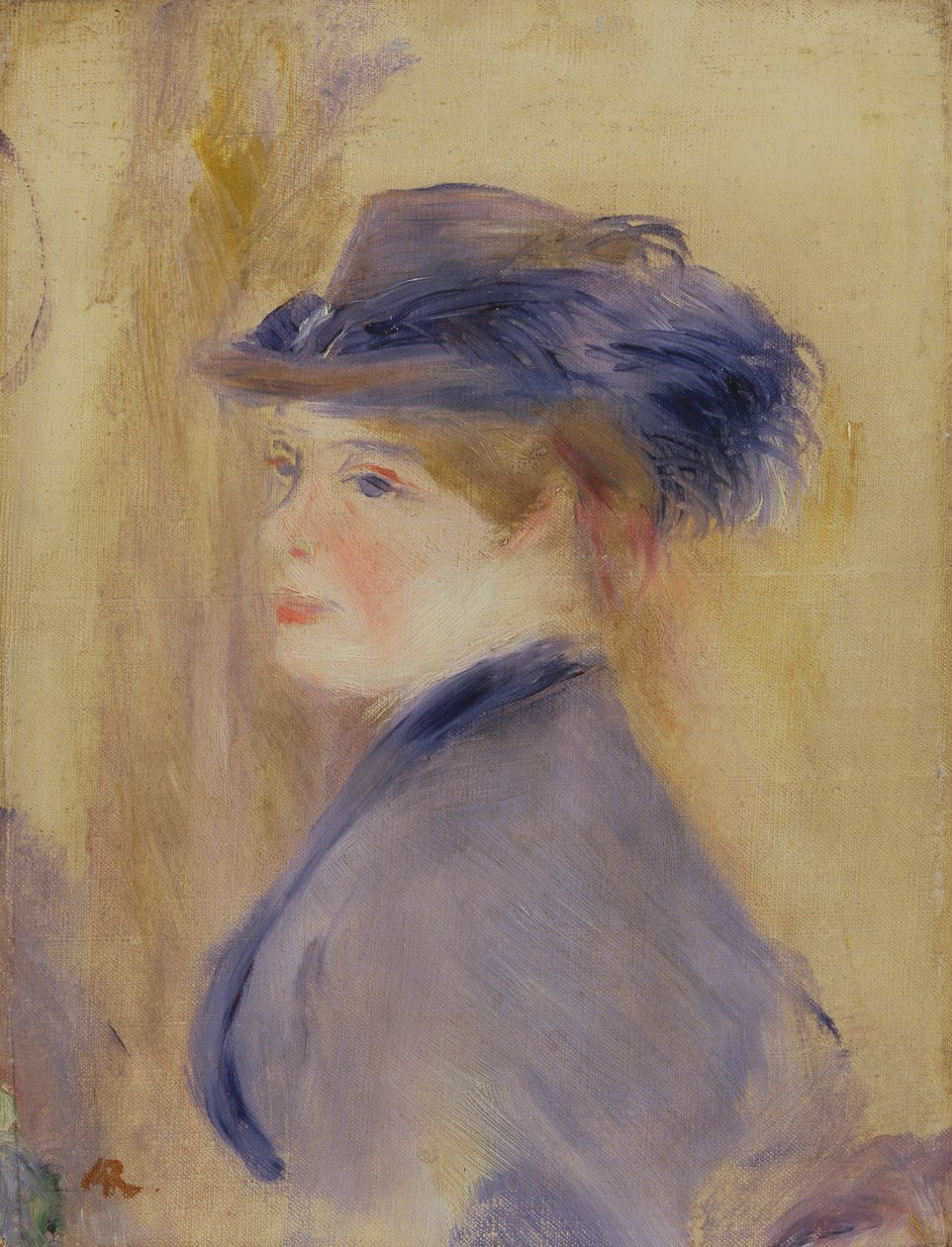 Vrouw in blauw met een gevederde hoed (ca. 1875) door Pierre Auguste Renoir