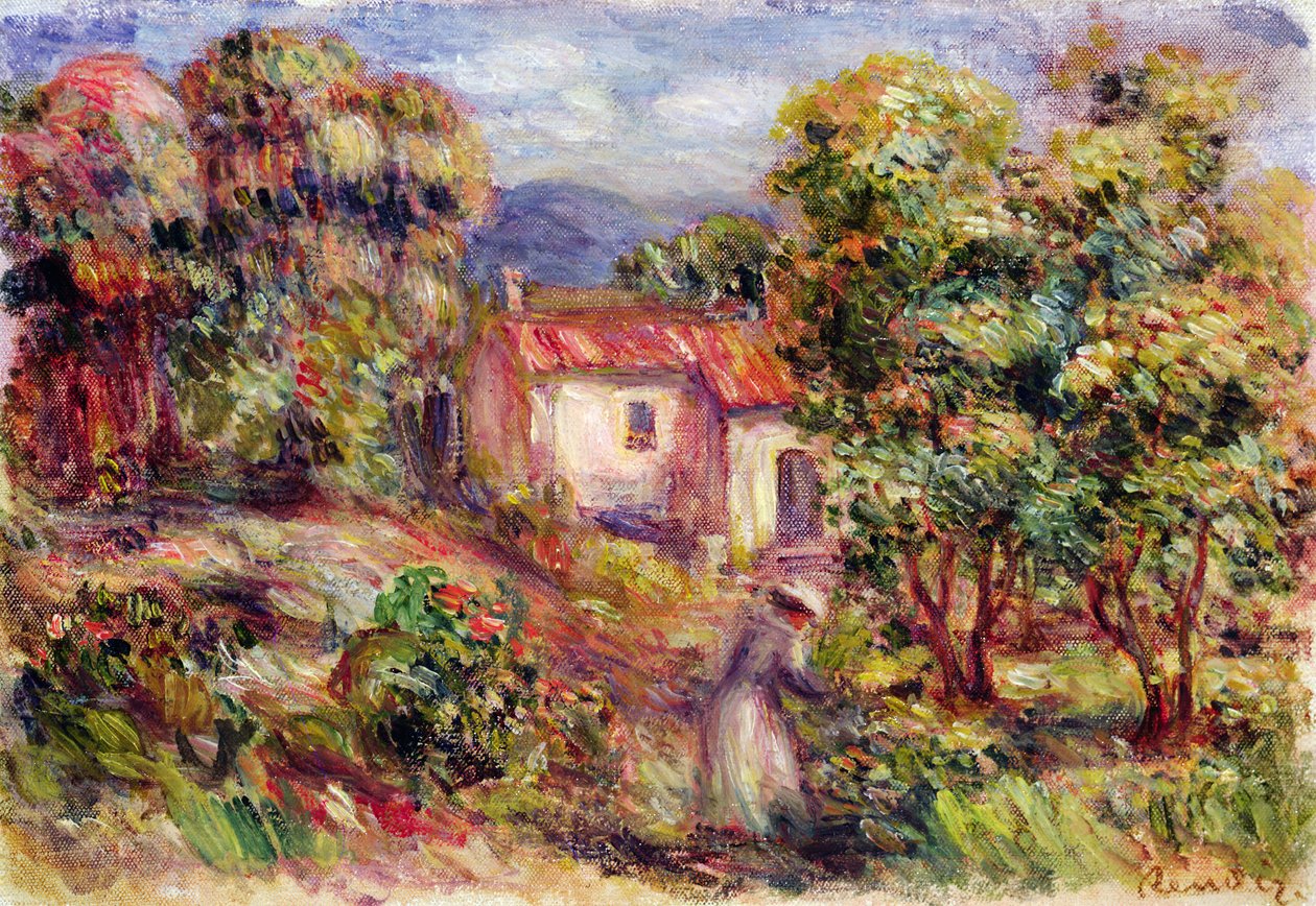 Vrouw die bloemen plukt in de tuin van Les Colettes in Cagnes, 1912 door Pierre Auguste Renoir