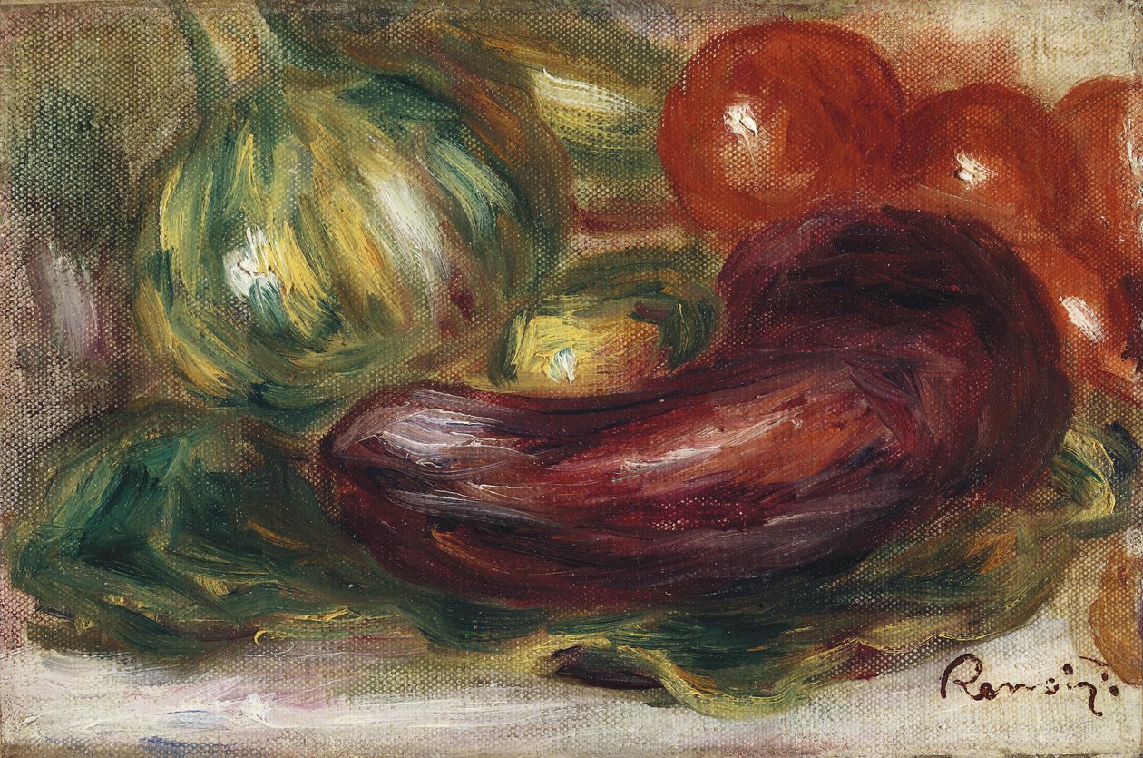 Courgette, tomaten en aubergine door Pierre Auguste Renoir