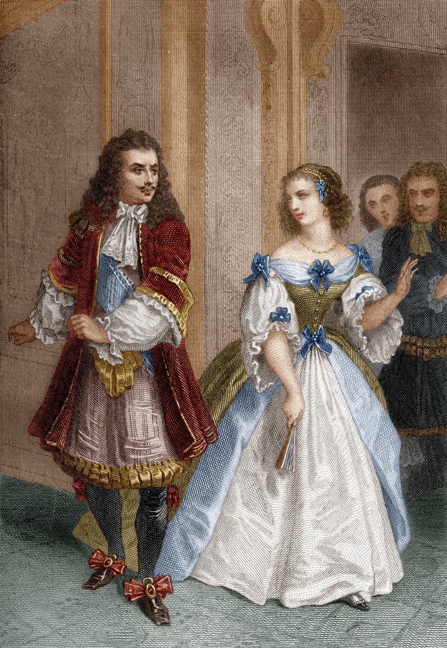 Personages uit De Misanthrope van Molière: Alceste, Celimene, Eliante, Philinte, gravure door Delannoy, 1870 door Pierre Gustave Eugene 1817 82 after Staal