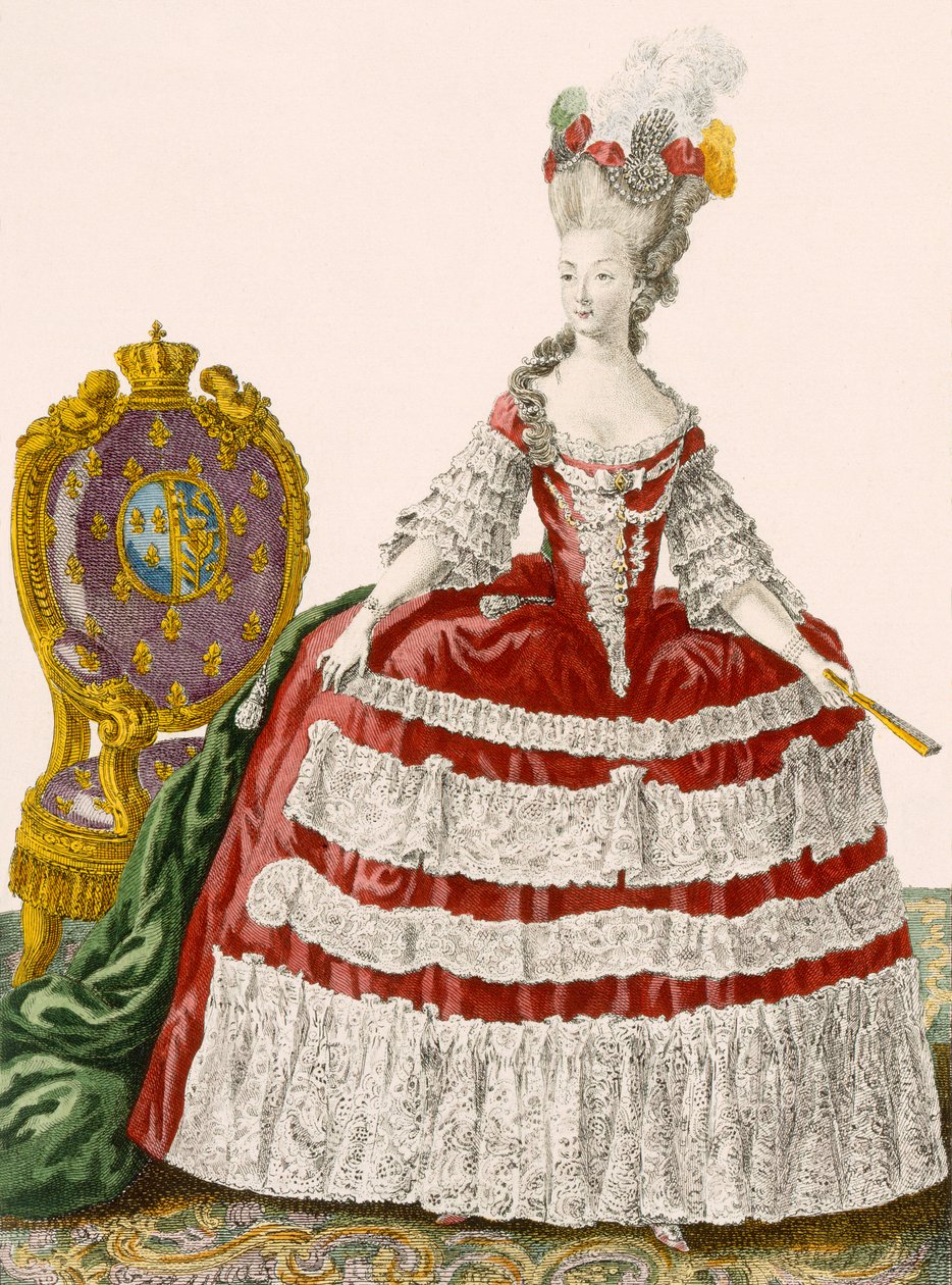 Hofjurk van een dame in donker kersenrood, gegraveerd door Patas, plaat nr.44 uit 