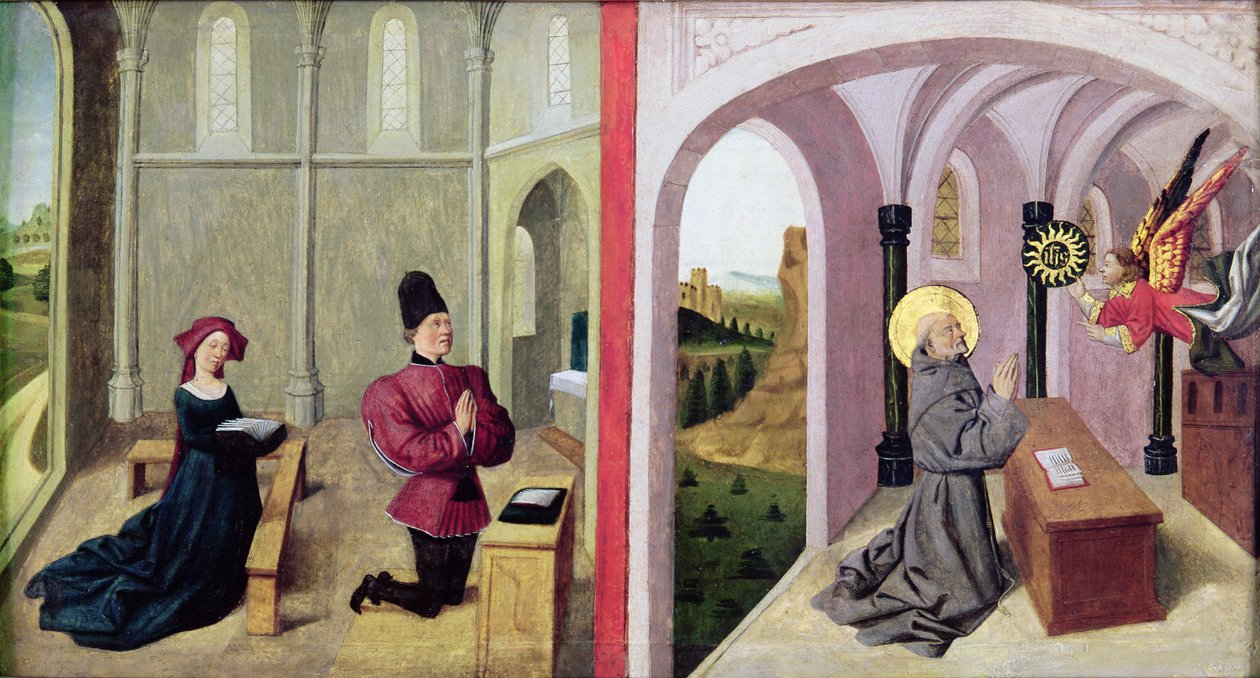 Sint Bernardinus van Siena met twee Schenkers, 1460-70 door Pierre Villatte