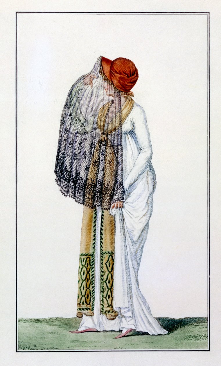 Damesdagjurk met sluier uit Journal des Dames door Pierre de La Mesangere