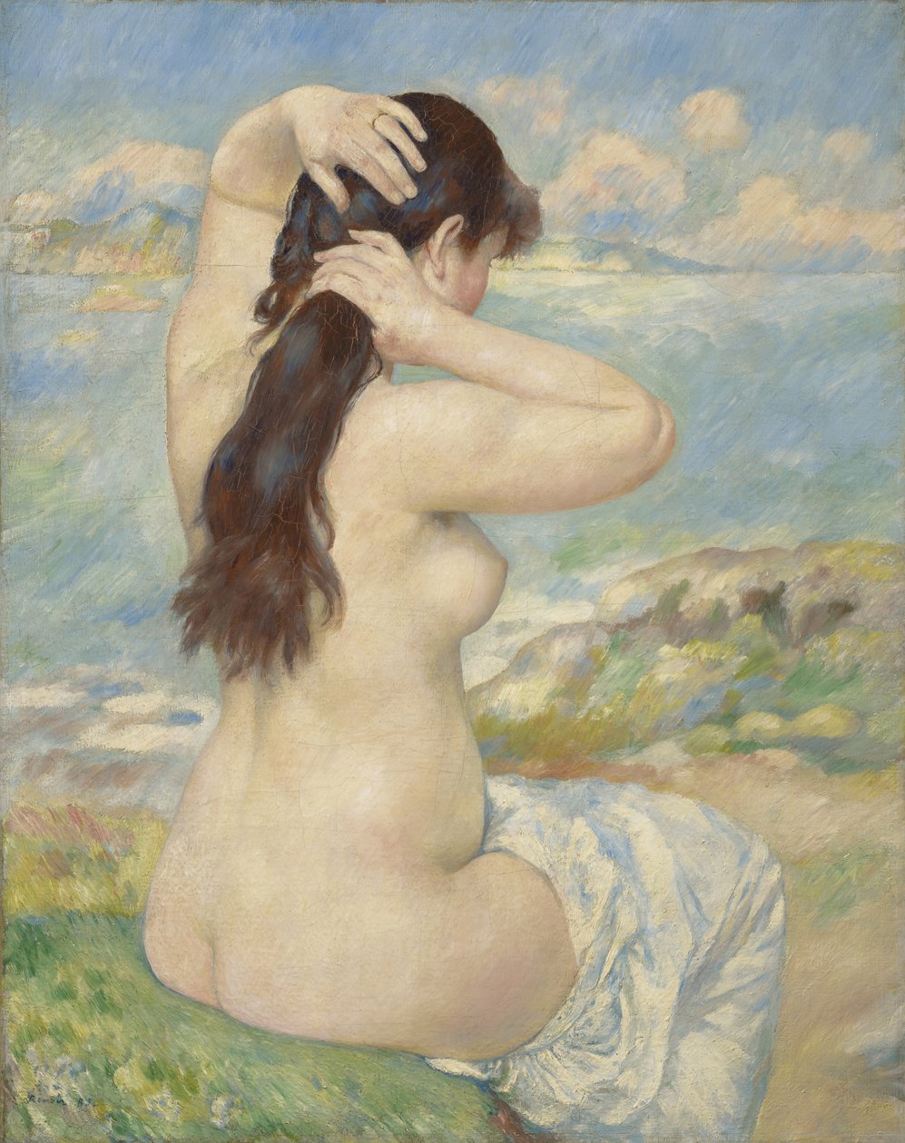 Bader die haar haar schikt, 1885 door Pierre Auguste Renoir