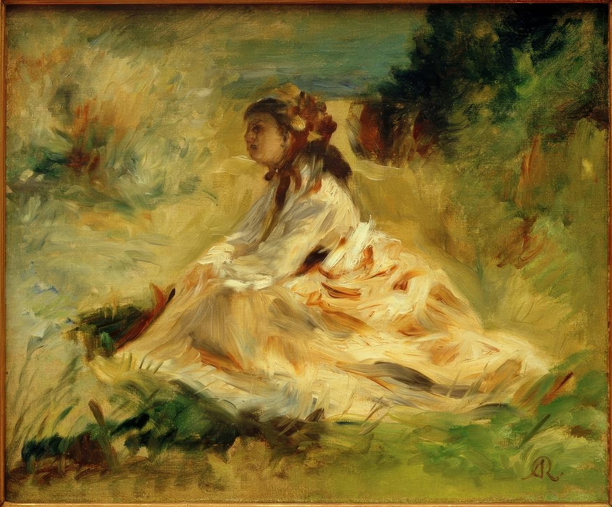 Vrouw op een weide (Lise Tréhot) door Pierre Auguste Renoir