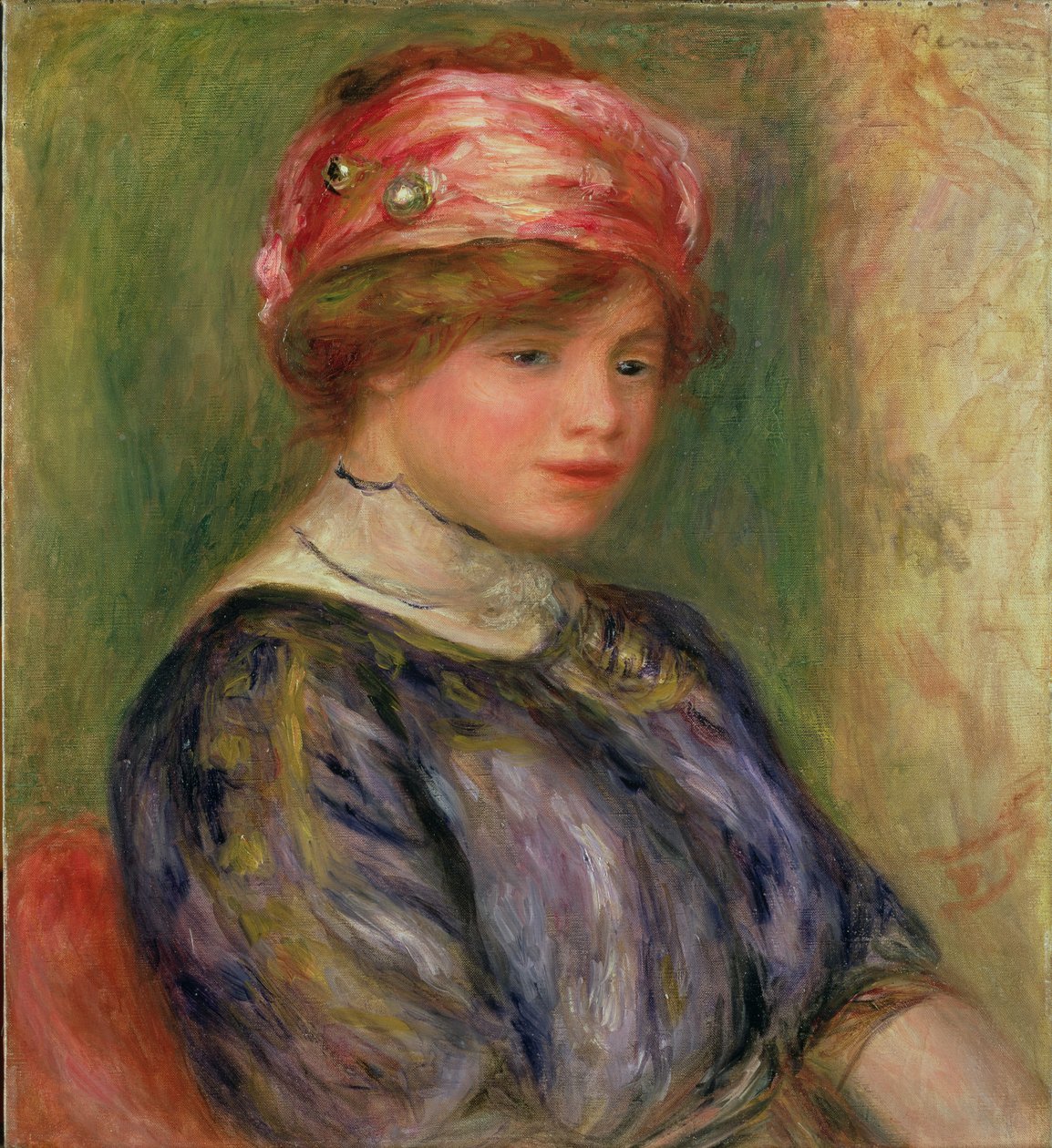 Meisje met een Roze Hoed door Pierre Auguste Renoir
