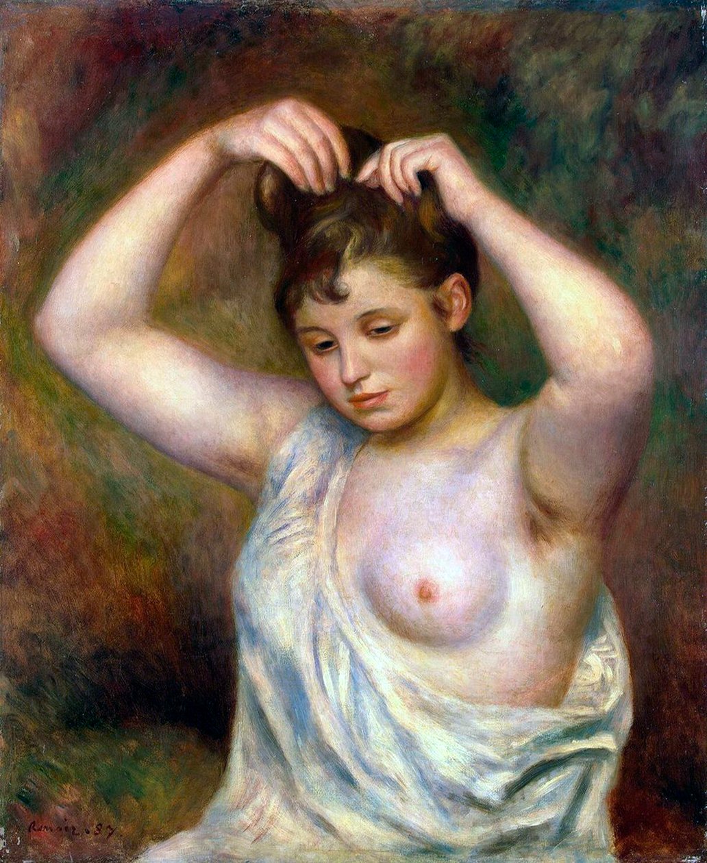 Vrouw die haar haar arrangeert, 1887 door Pierre Auguste Renoir