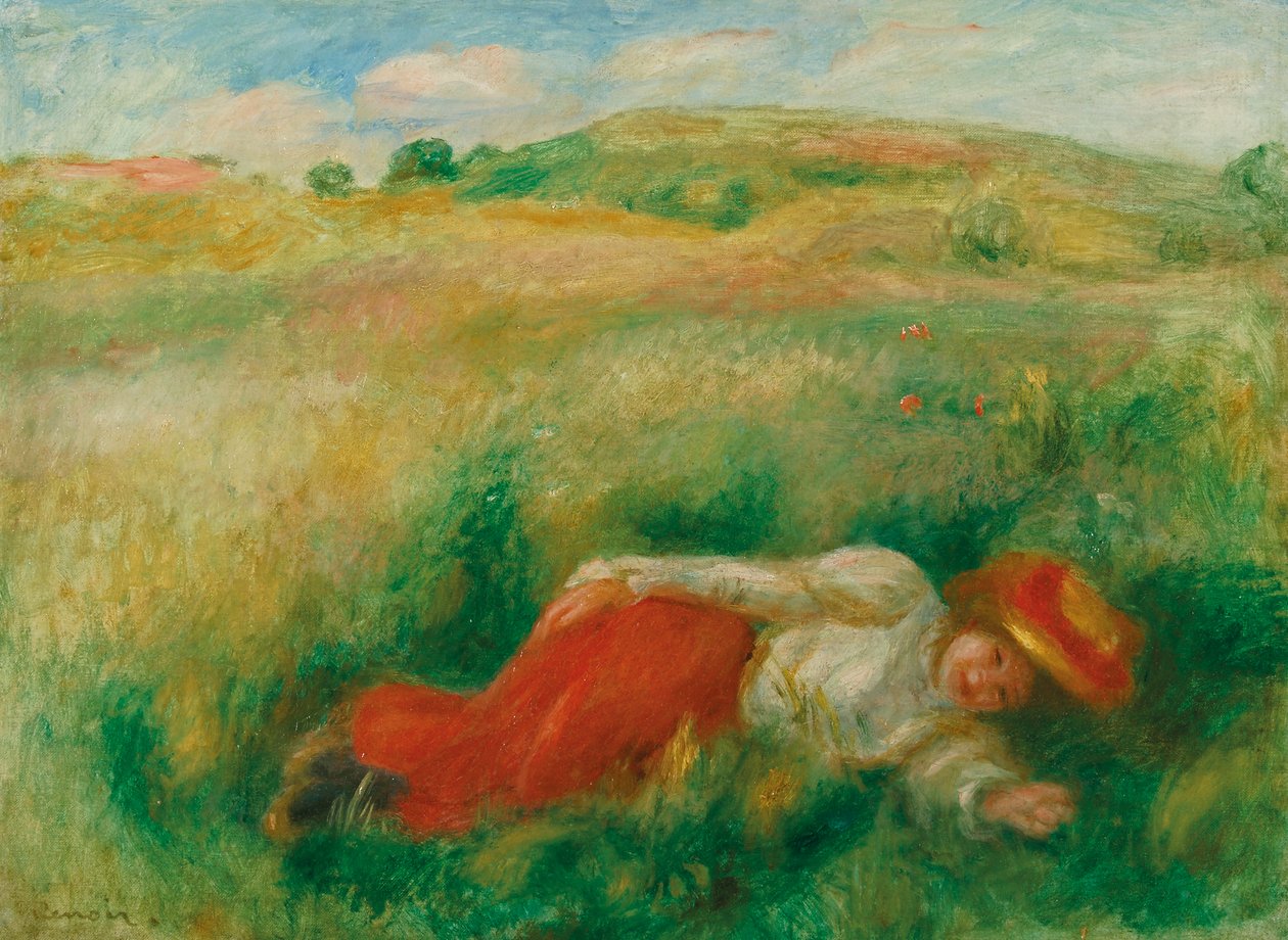 Vrouw zittend in het gras door Pierre Auguste Renoir