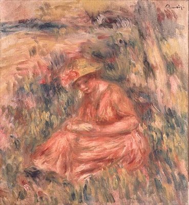 Vrouw zittend op het gras door Pierre Auguste Renoir