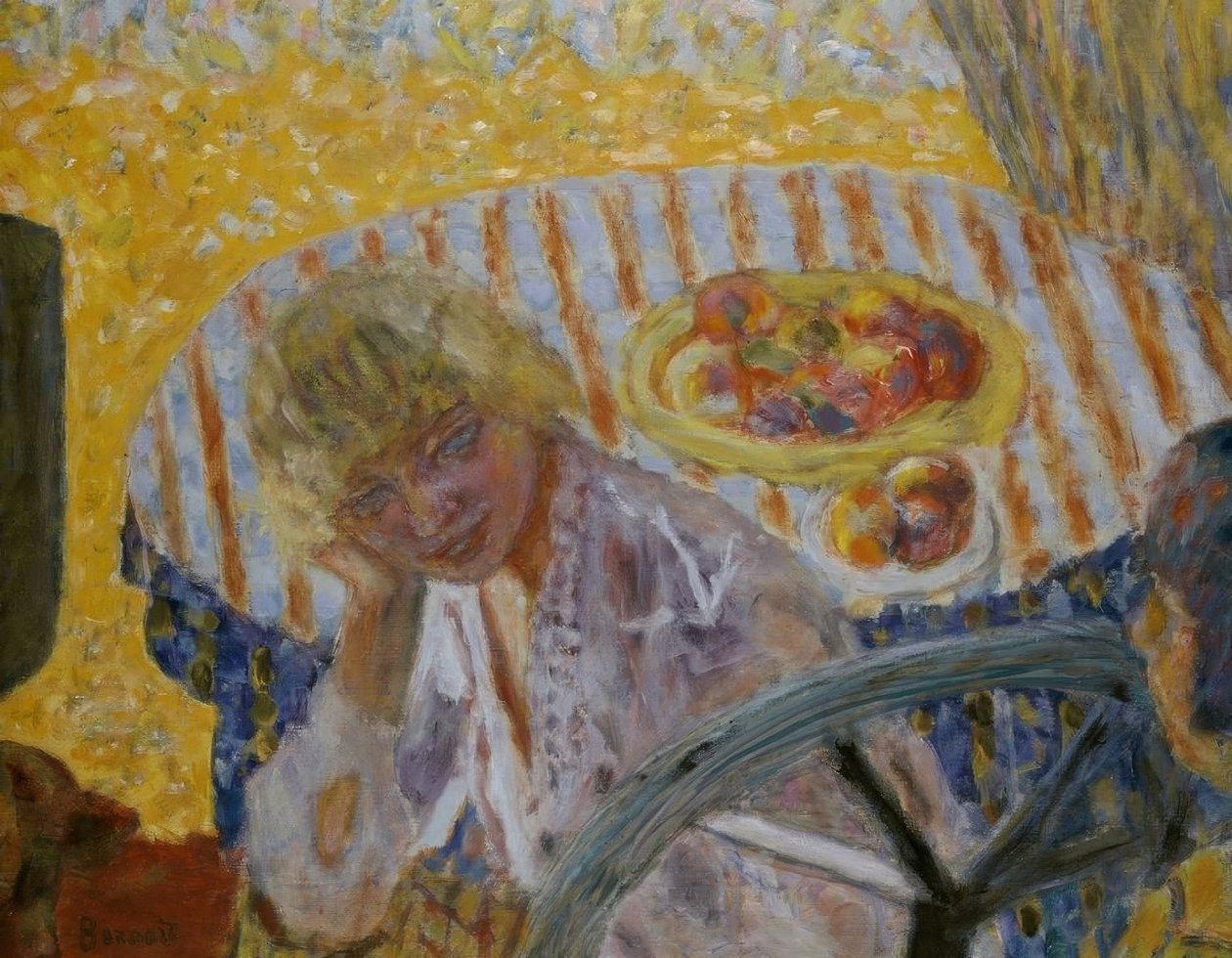 Jonge vrouw met gestreept tafelkleed door Pierre Bonnard