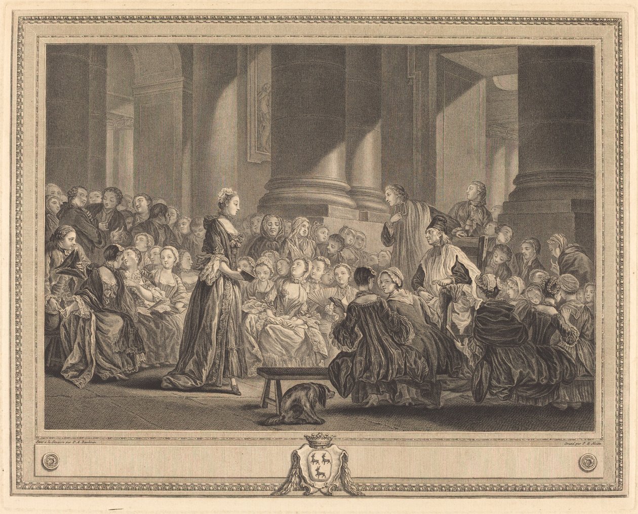 De catechismus door Pierre Etienne Moitte after Pierre Antoine Baudouin