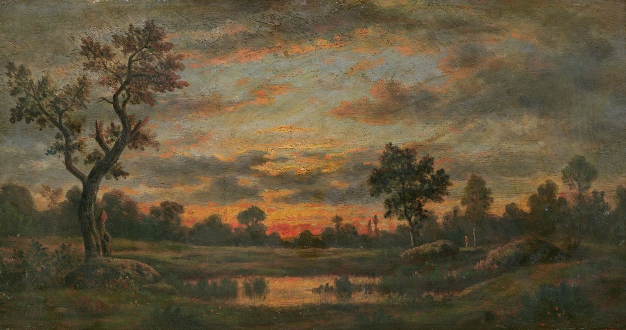 Landschap bij zonsondergang door Pierre Etienne Theodore Rousseau
