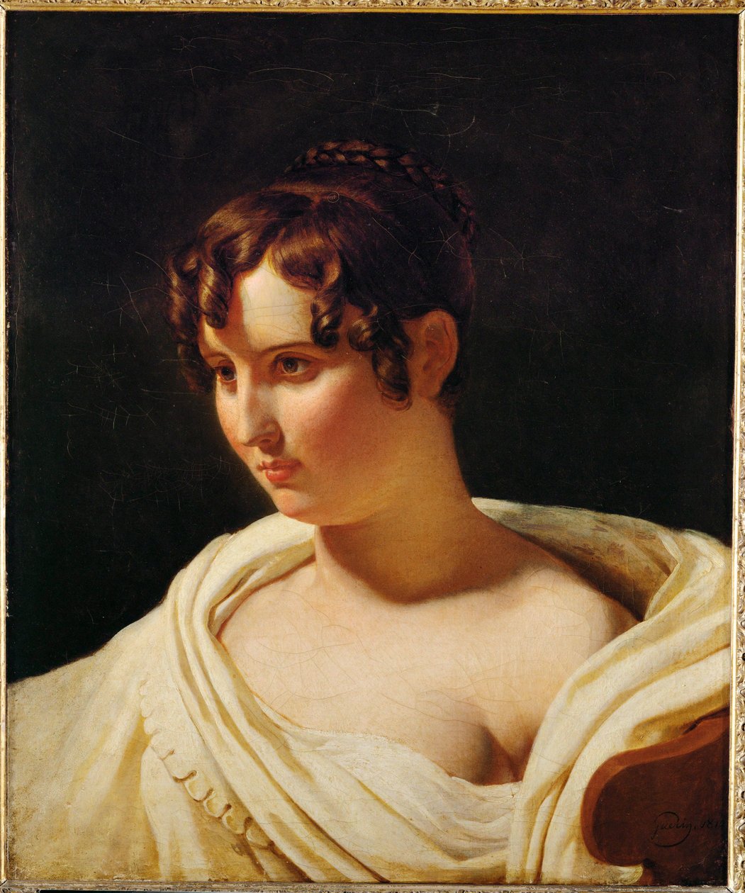 Jonge vrouw in buste, met witte sjaal ... door Pierre Guérin