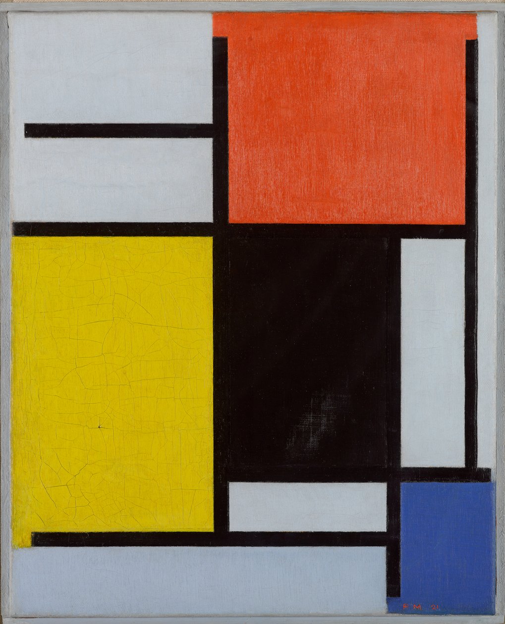 Compositie met rood, geel, zwart, blauw en grijs door Piet Mondrian